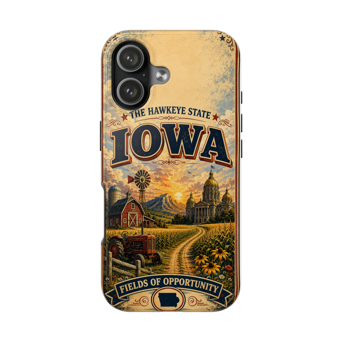 Iowa Hawkeye State Faux Patchwork Phone Case – Vintage Travel Poster Style Iowa Souvenir Cover for iPhone & Samsung