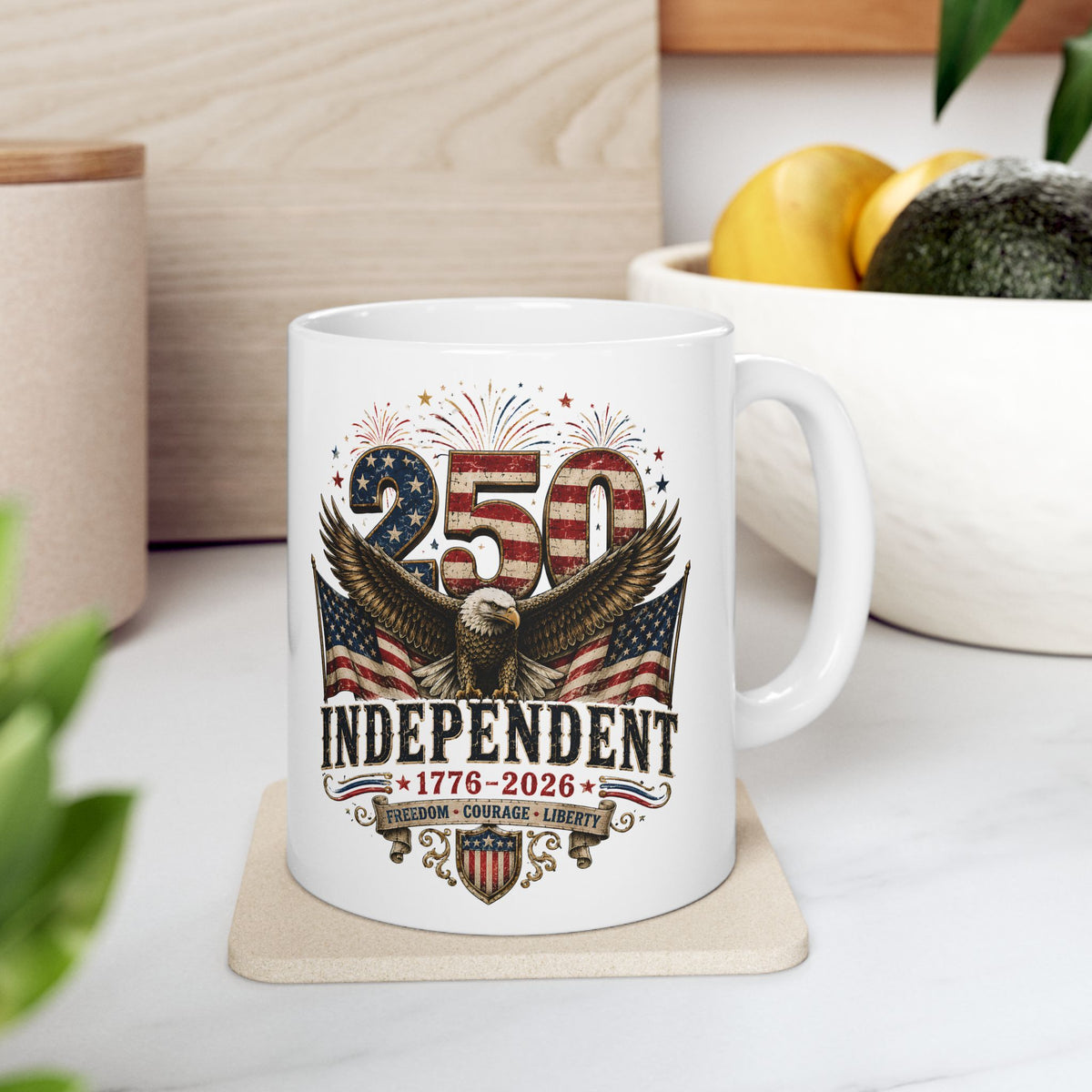 250 Years Independent Eagle Mug Patriotic Faux Patchwork American Flag Coffee Cup USA 1776 2026 Anniversary Gift