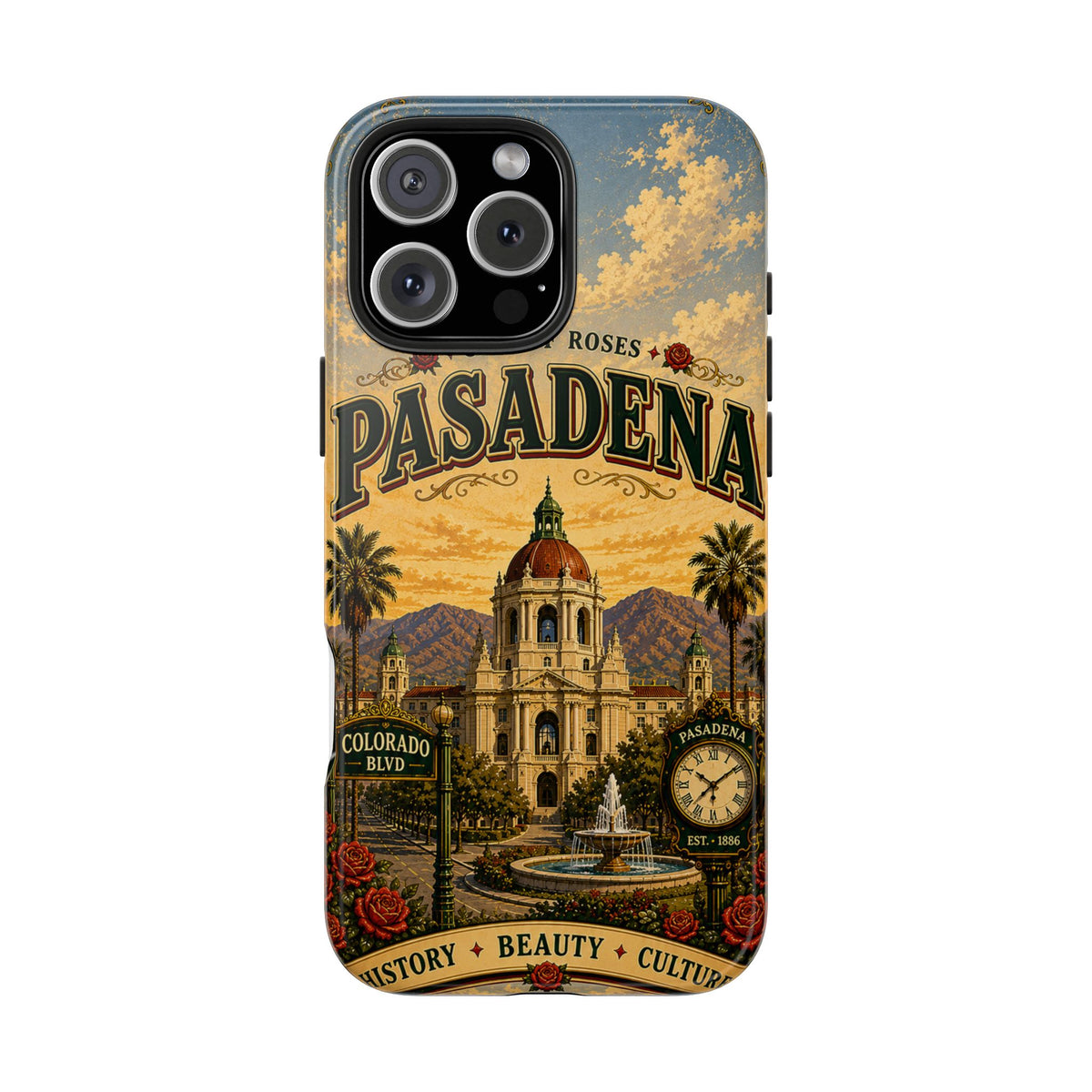 Pasadena City of Roses Faux Patchwork Phone Case – Vintage California Landmark Travel Art Cover