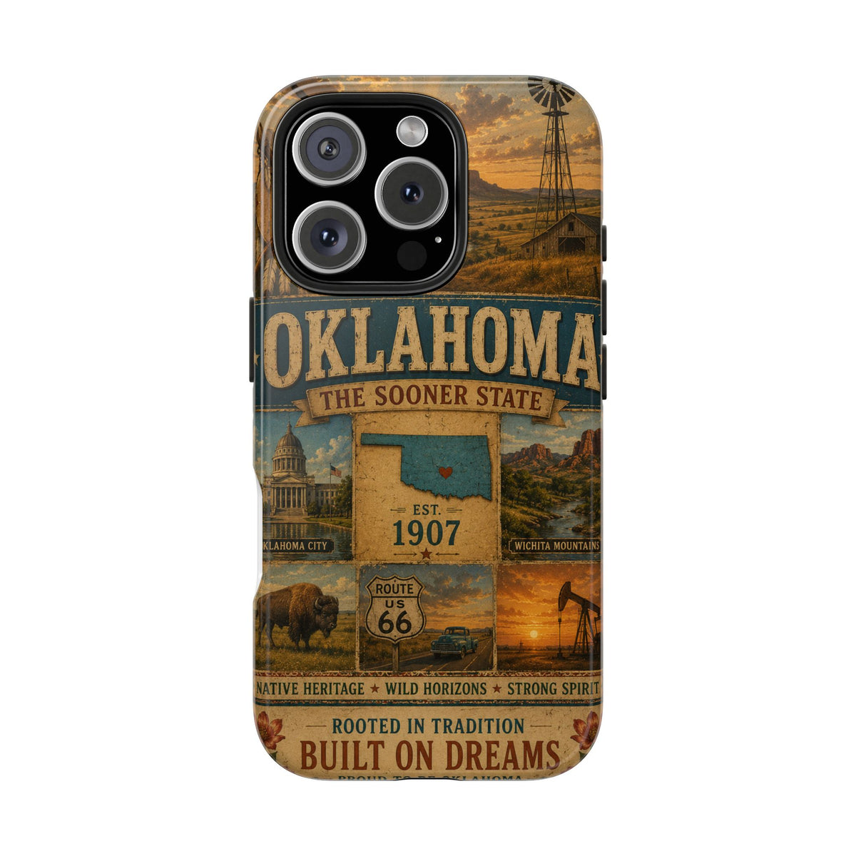 write me a title and product description for this United State phone case with Slogan  "Oklahoma Faux Patchwork Phone Case The Sooner State Vintage Travel Poster Retro State Pride Cover Est 1907"...