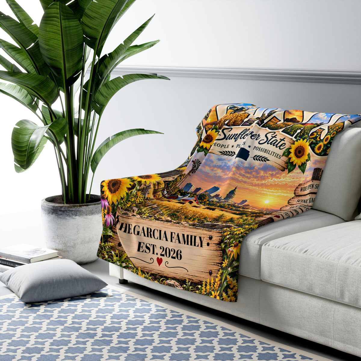Kansas Personalized Sherpa Fleece Blanket, Sunflower State Farmland Scenic Heritage Custom Family Name Gift