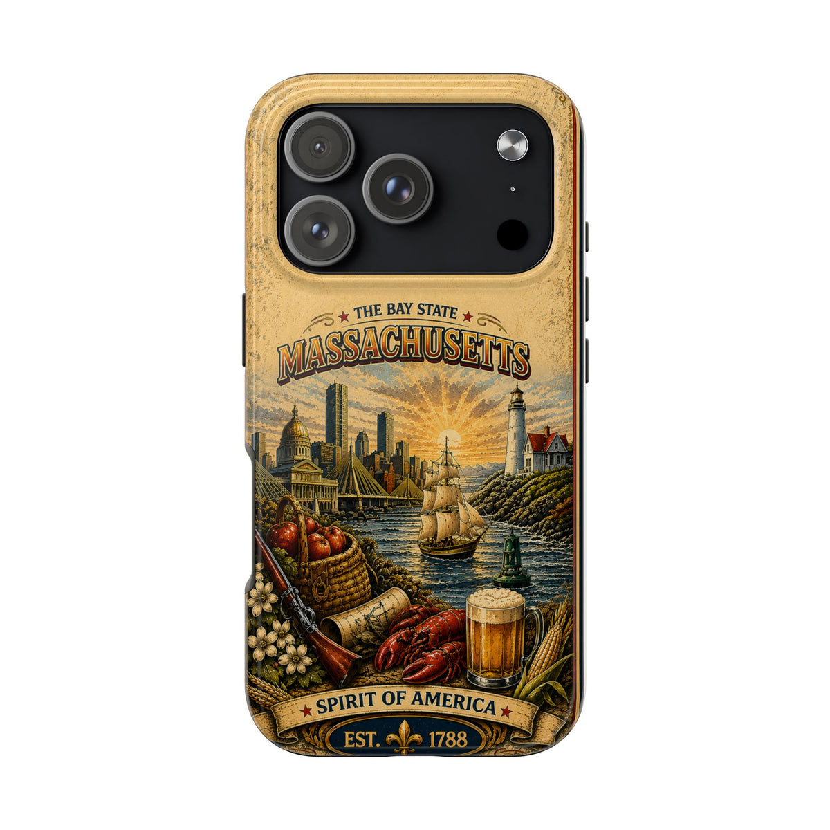 Massachusetts Bay State Faux Patchwork Phone Case – Vintage Travel Poster Style New England Souvenir Cover for iPhone & Samsung