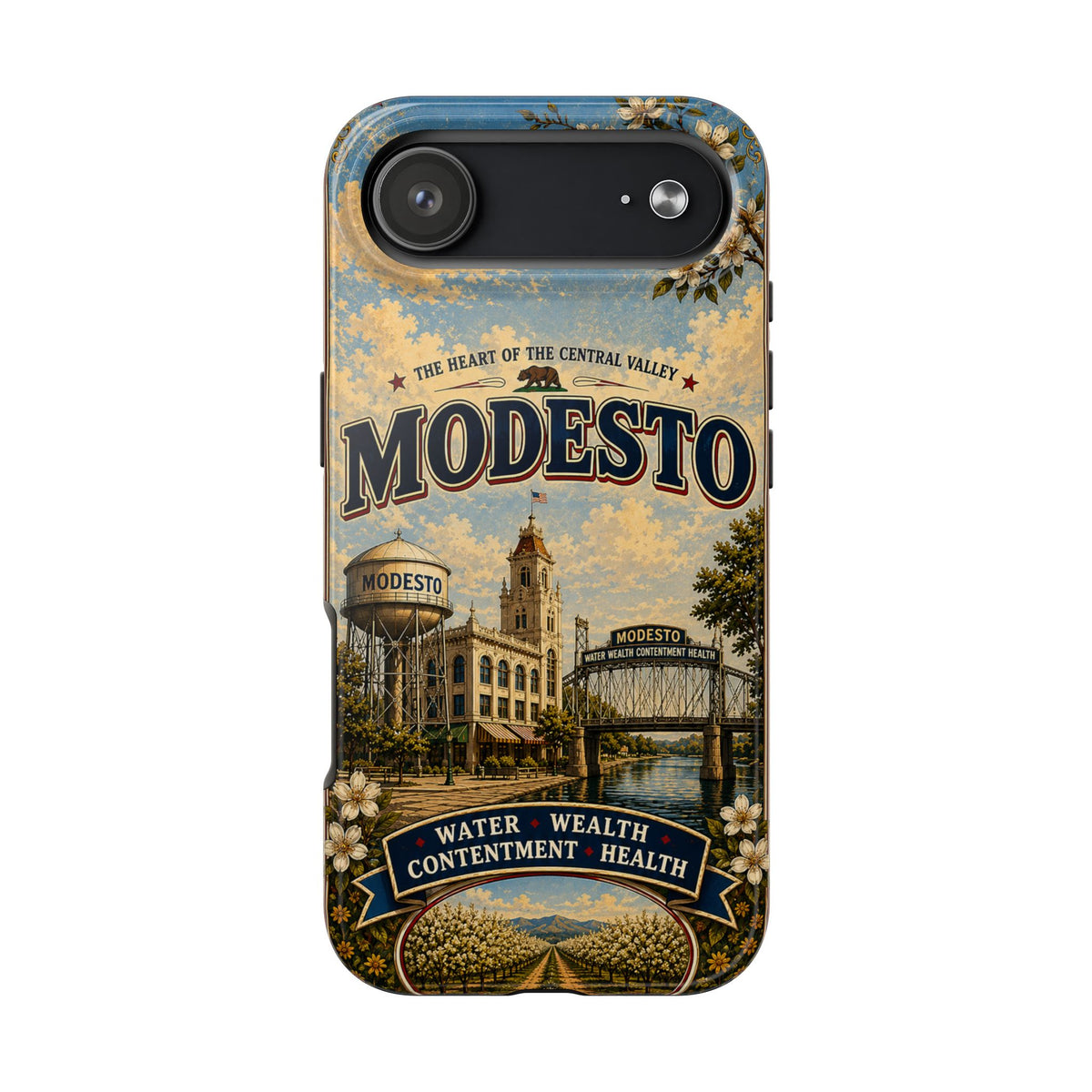 Modesto Faux Patchwork Phone Case – Central Valley Heritage Retro Travel Art, Orchard & Waterfront Cover
