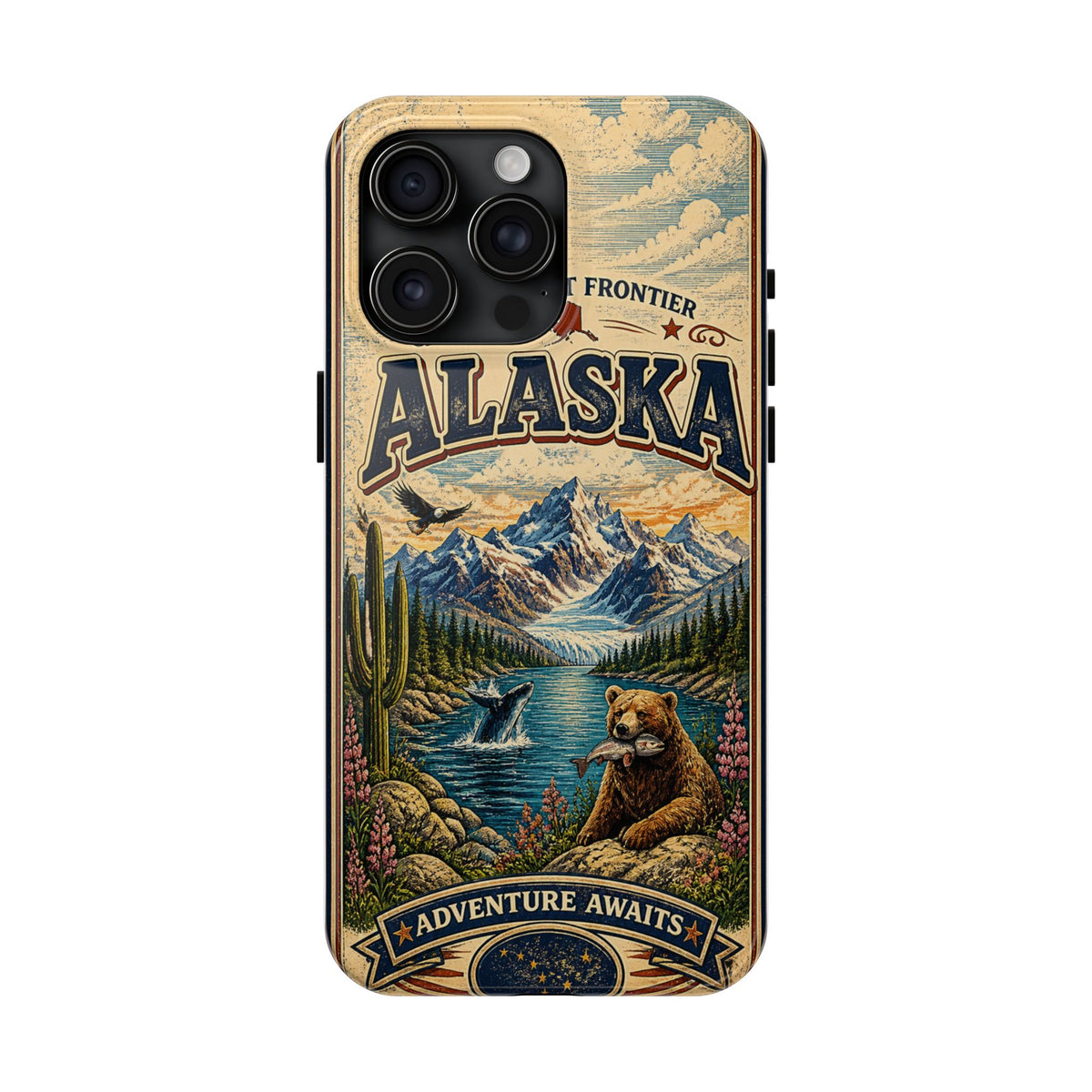 Alaska Faux Vintage Phone Case The Last Frontier Retro Travel Poster Style Adventure Awaits Wildlife iPhone Samsung Case