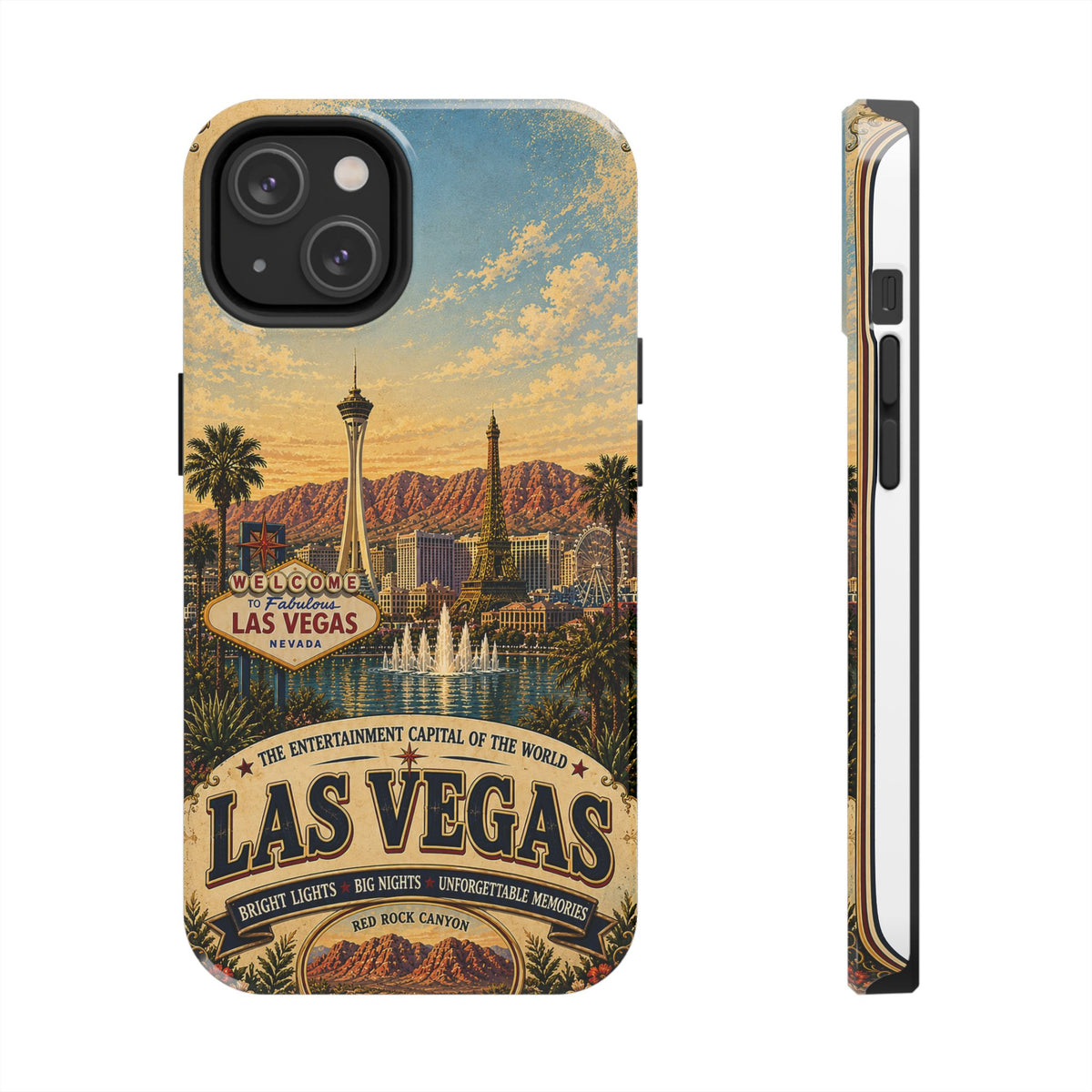 Las Vegas Faux Patchwork Phone Case – Entertainment Capital Retro Travel Art, Strip Skyline & Desert Sunset Cover