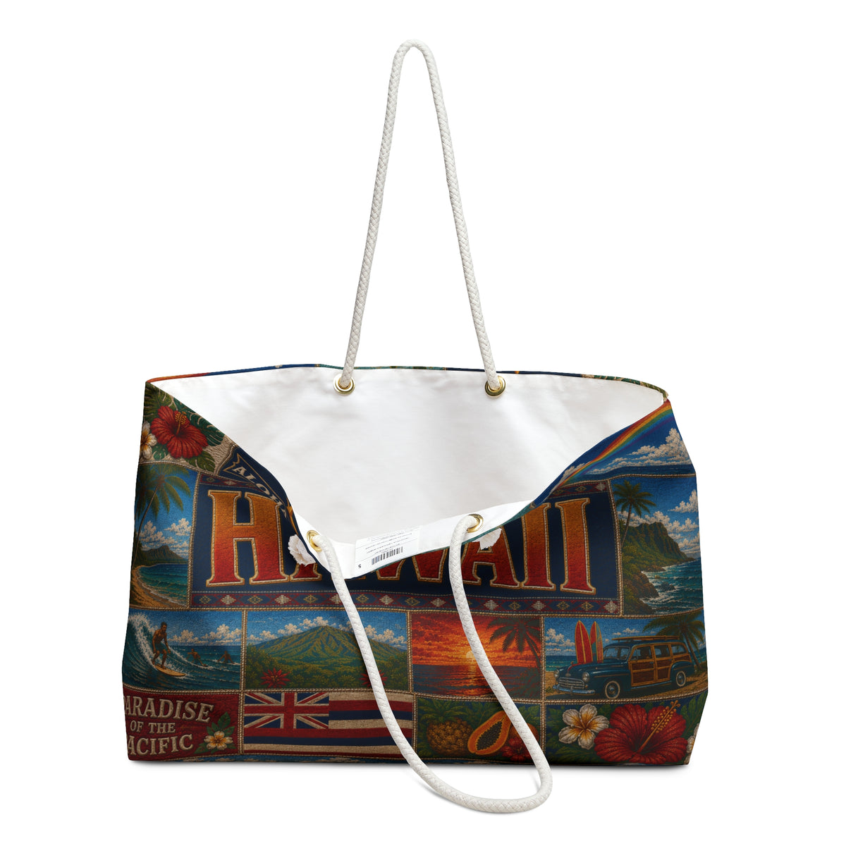 Hawaii Weekender Bag Aloha State Faux Patchwork Travel Tote Paradise of the Pacific Vintage Island Souvenir Gift