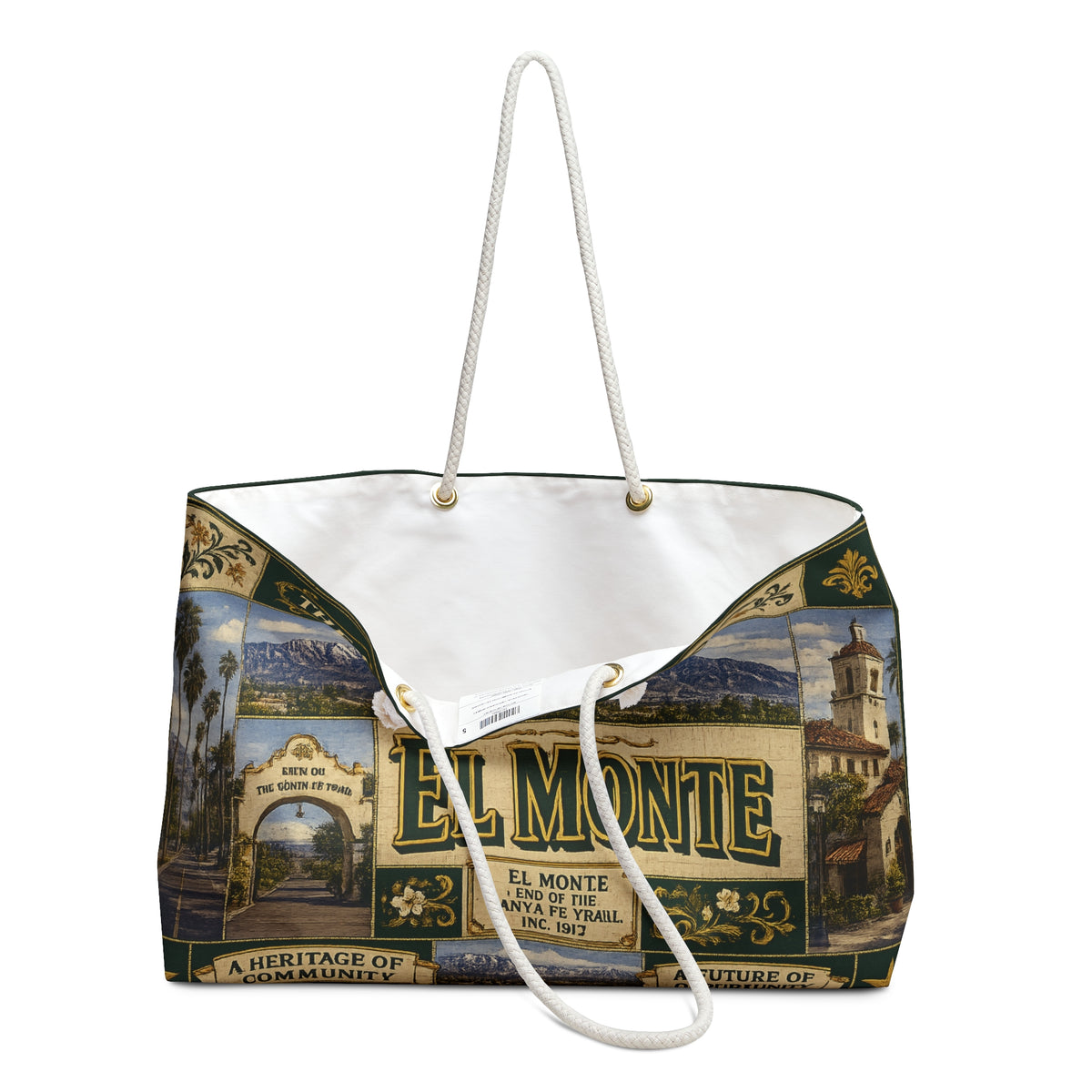 El Monte California Weekender Bag City of Pride Faux Patchwork Travel Tote End of the Santa Fe Trail Heritage Gift