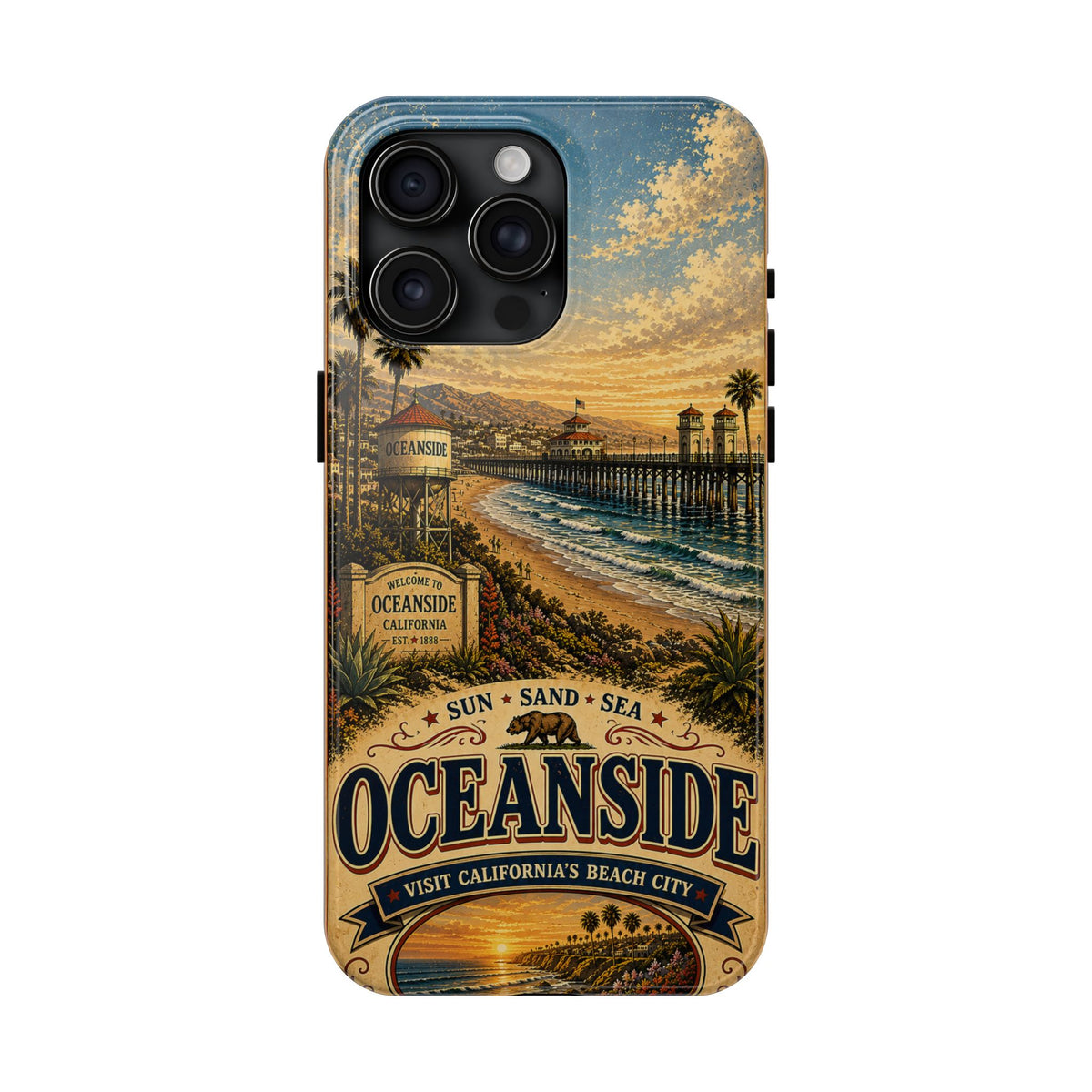 Oceanside Sunset Pier Faux Patchwork Phone Case – California Coastal Vintage Travel Art Beach Cover