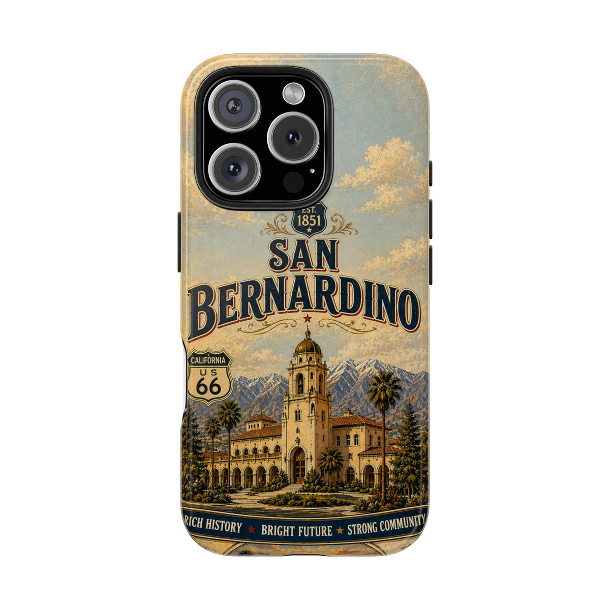 San Bernardino Route 66 Faux Patchwork Phone Case Vintage California Travel Poster Mountain Landmark Cover