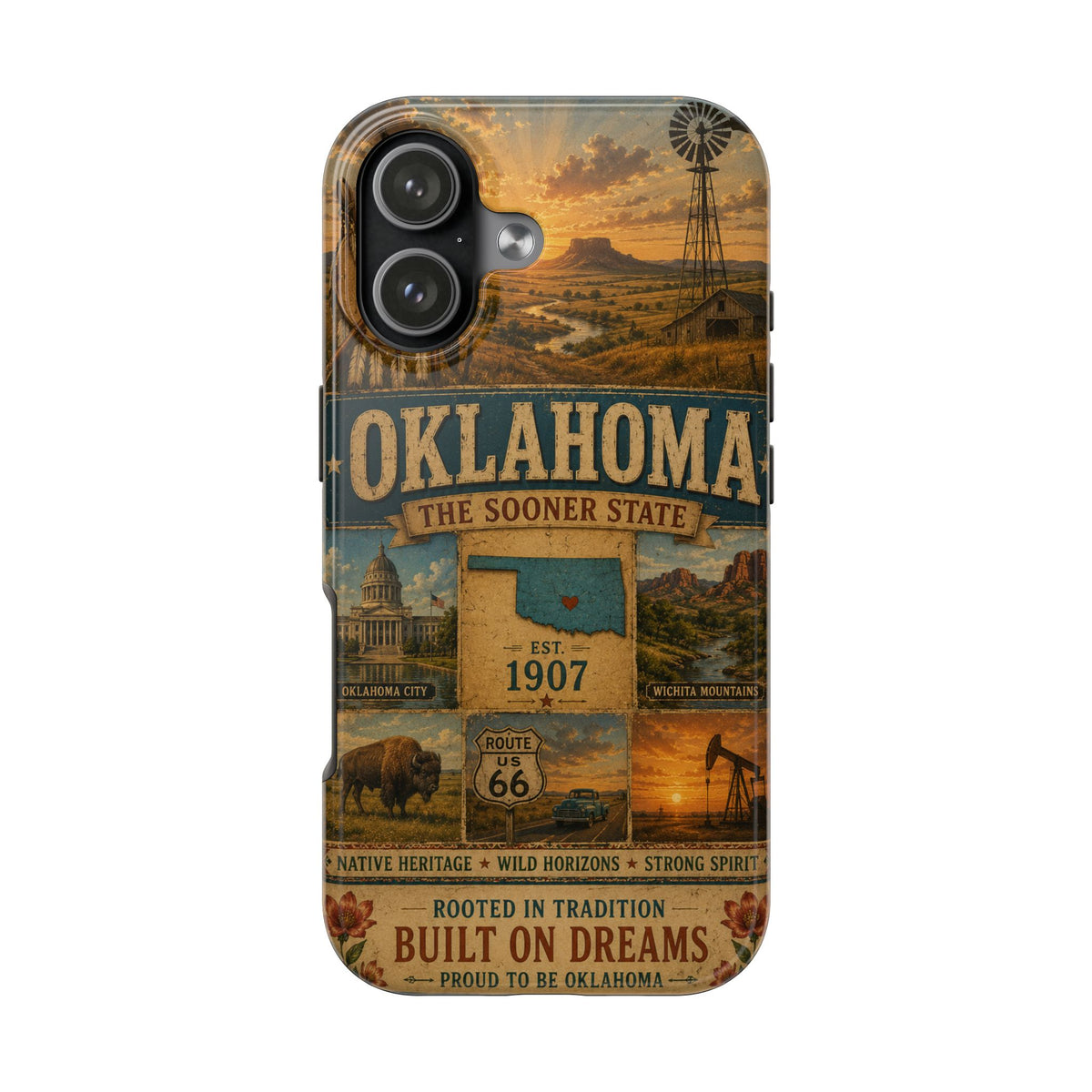 write me a title and product description for this United State phone case with Slogan  "Oklahoma Faux Patchwork Phone Case The Sooner State Vintage Travel Poster Retro State Pride Cover Est 1907"...