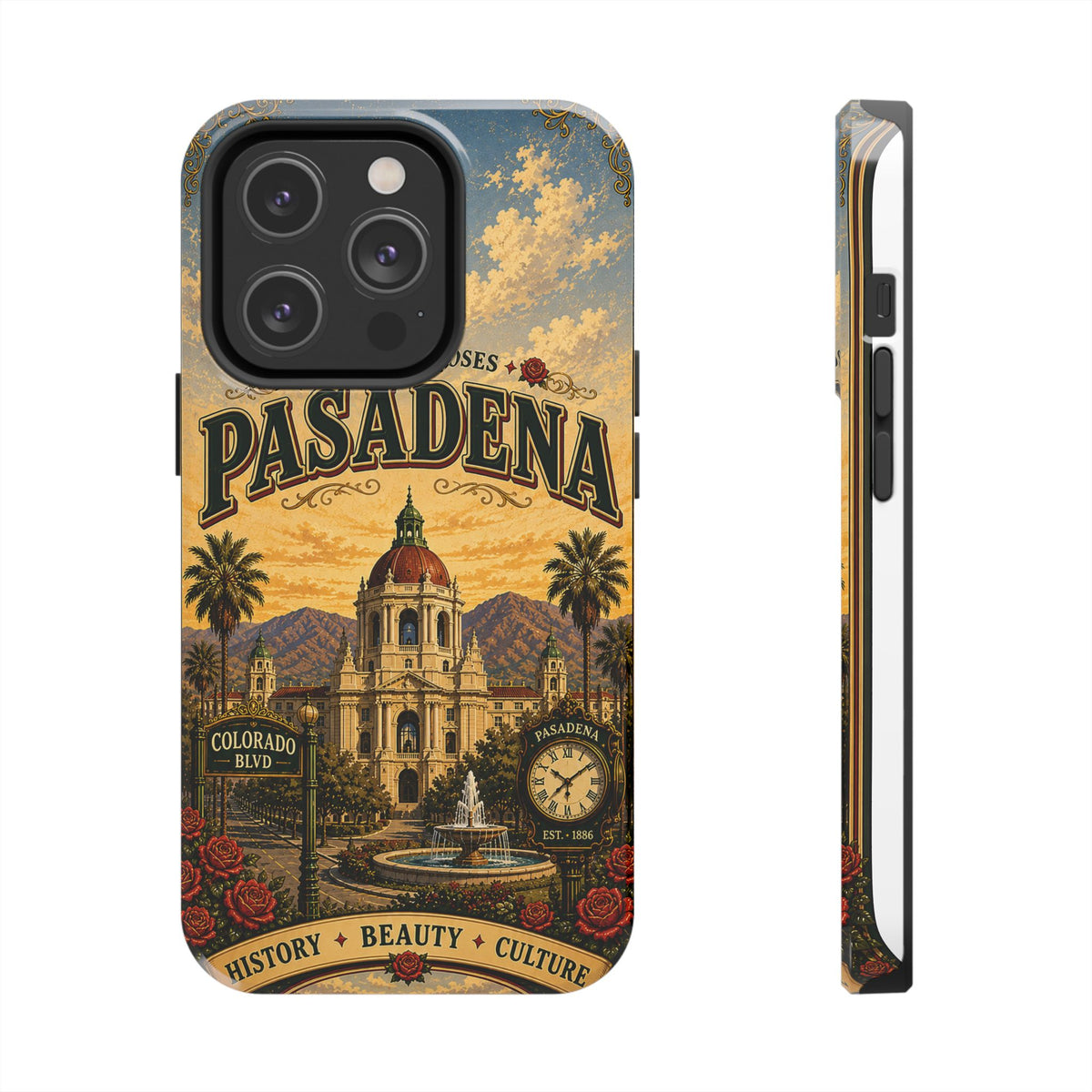 Pasadena City of Roses Faux Patchwork Phone Case – Vintage California Landmark Travel Art Cover