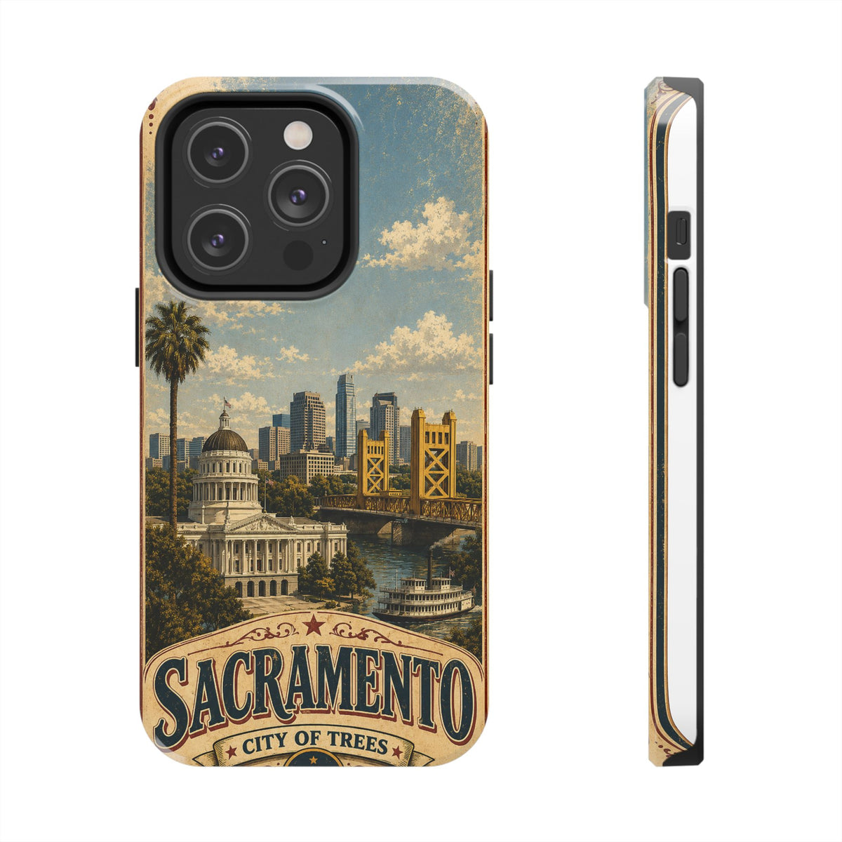 Sacramento City of Trees Faux Patchwork Phone Case Vintage California Landmark Travel Poster Cover