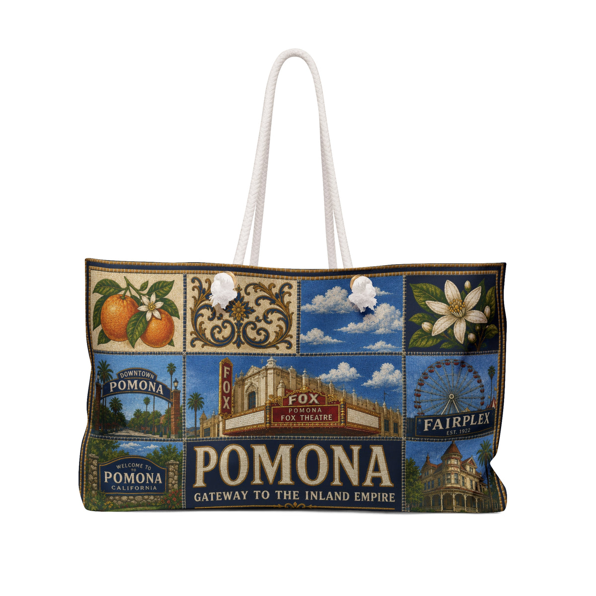 Pomona California Weekender Bag Gateway to the Inland Empire Faux Patchwork Travel Tote Historic City Getaway Gift