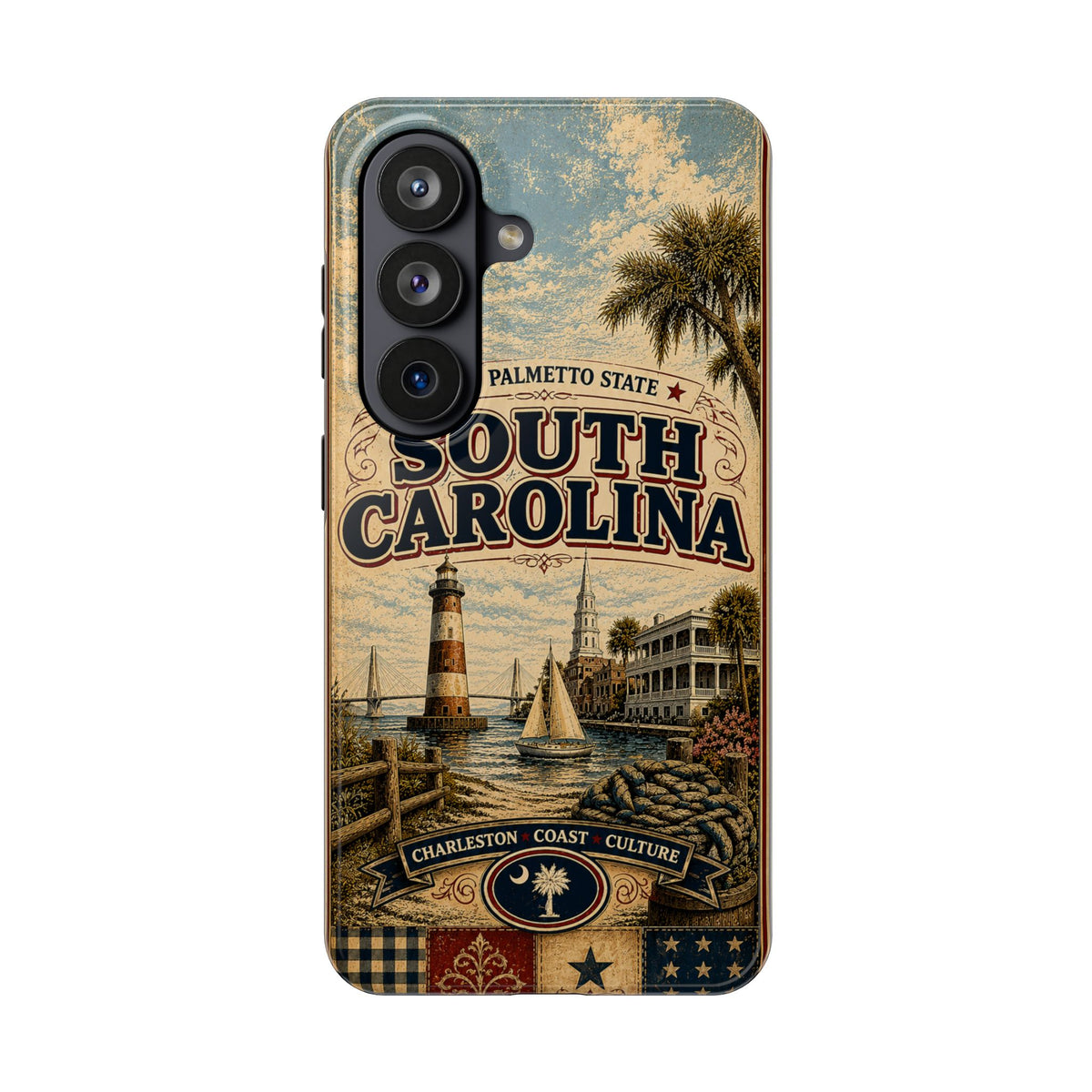 South Carolina Faux Patchwork Phone Case Palmetto State Retro Charleston Coastal Lighthouse State Pride Cover