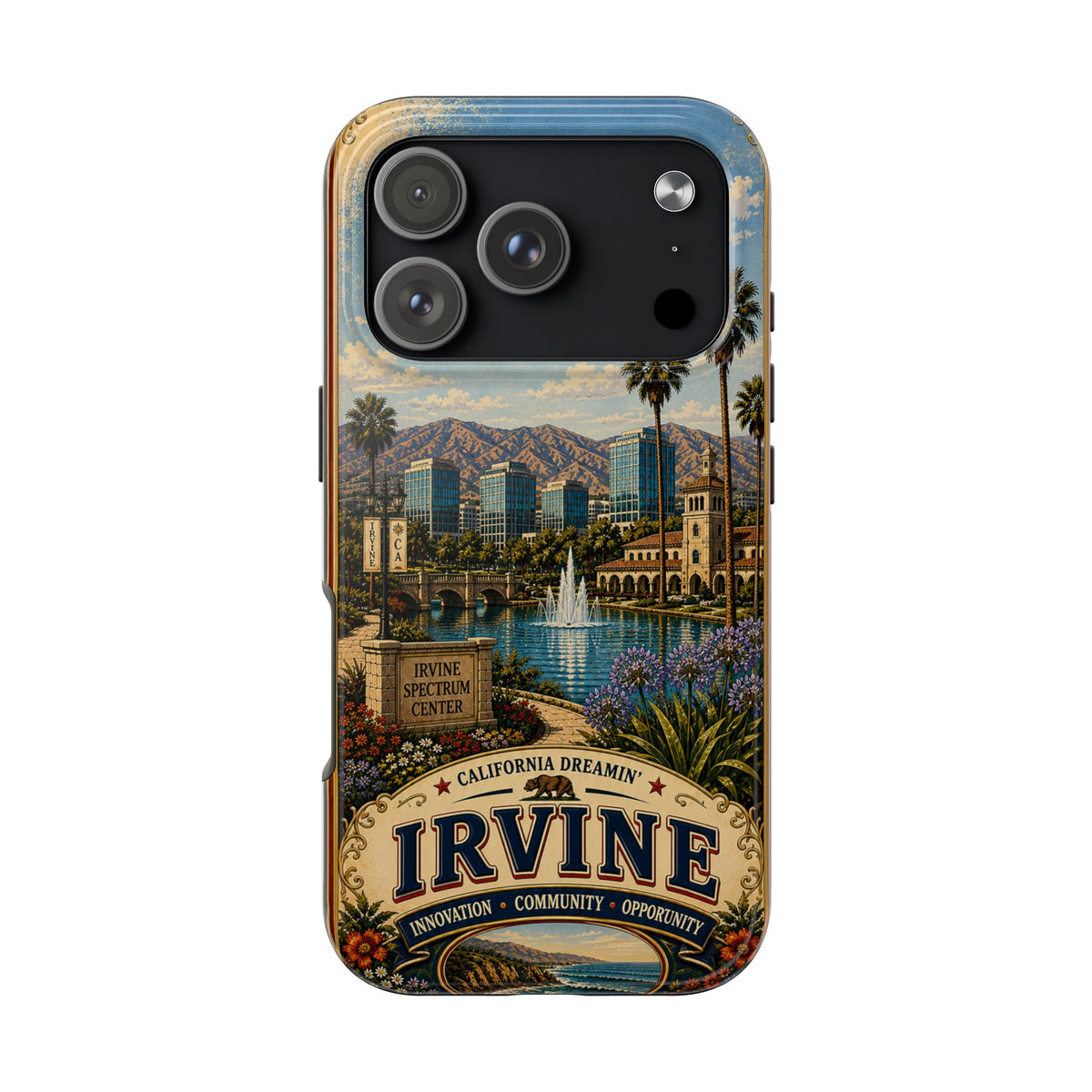 Irvine Faux Patchwork Phone Case – California Dreamin’ Vintage Travel Art, Spectrum Park & Cityscape Cover