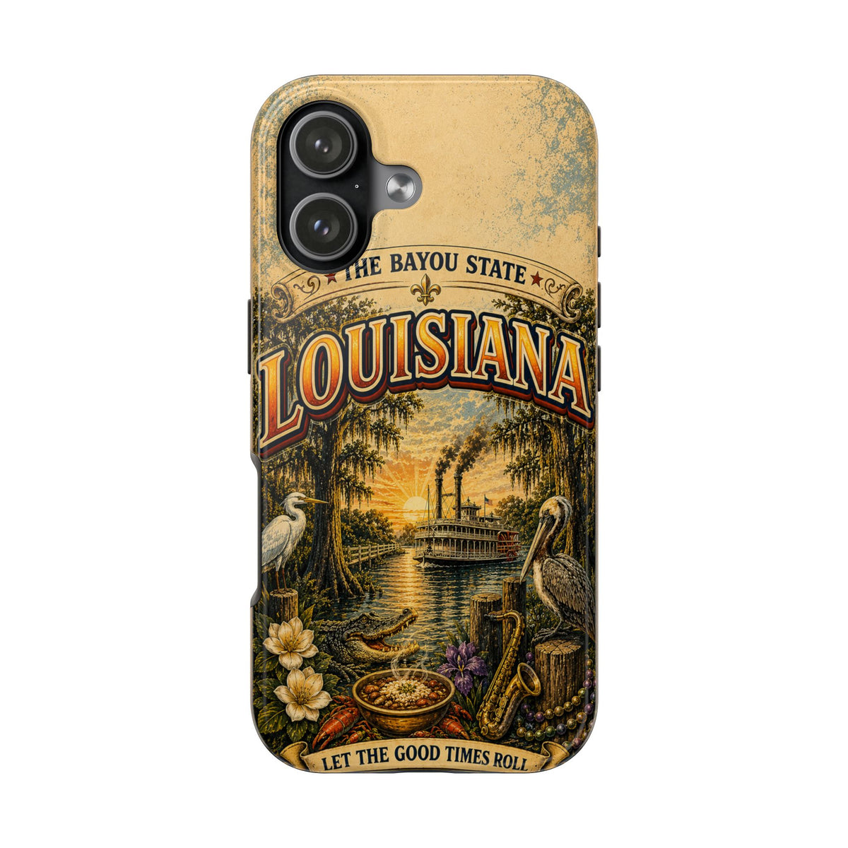 Louisiana Bayou State Faux Patchwork Phone Case – Vintage Travel Poster Style Louisiana Souvenir Cover for iPhone & Samsung