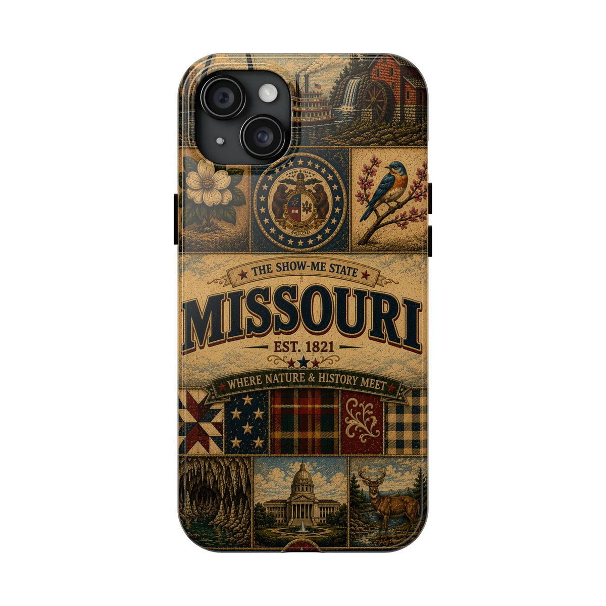 Missouri Show Me State Faux Patchwork Phone Case – Vintage Travel Poster Gateway Arch & Riverboat Cover for iPhone & Samsung