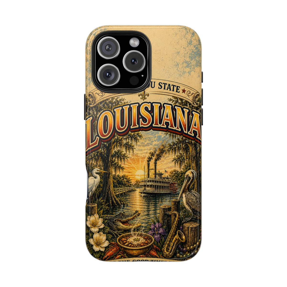 Louisiana Bayou State Faux Patchwork Phone Case – Vintage Travel Poster Style Louisiana Souvenir Cover for iPhone & Samsung