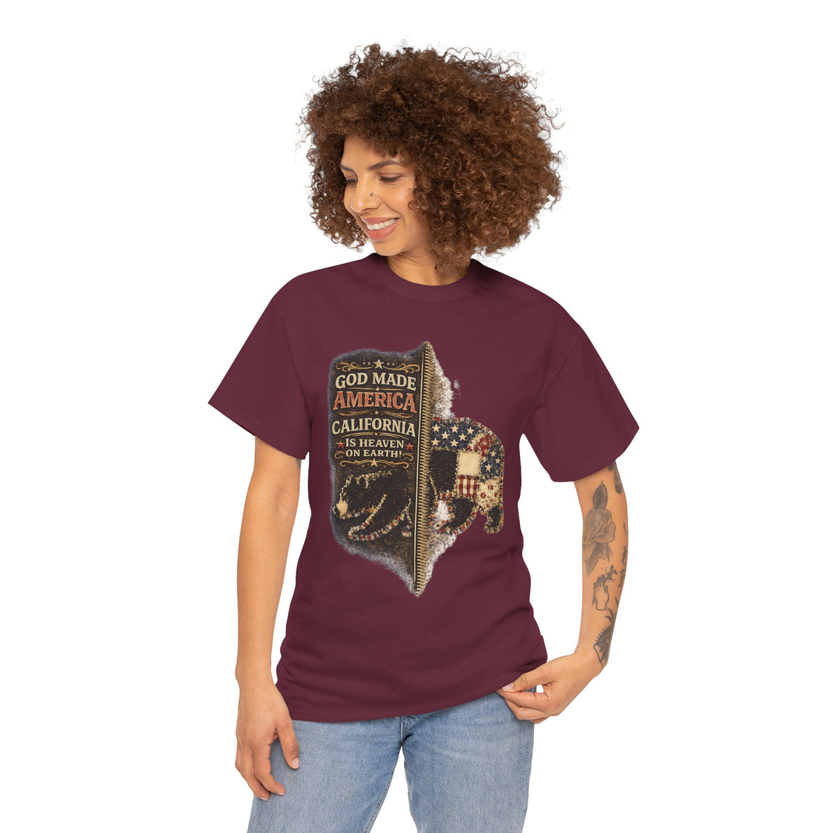 California Buffalo Patriotic T-Shirt — "God Made America, California Is Heaven on Earth"