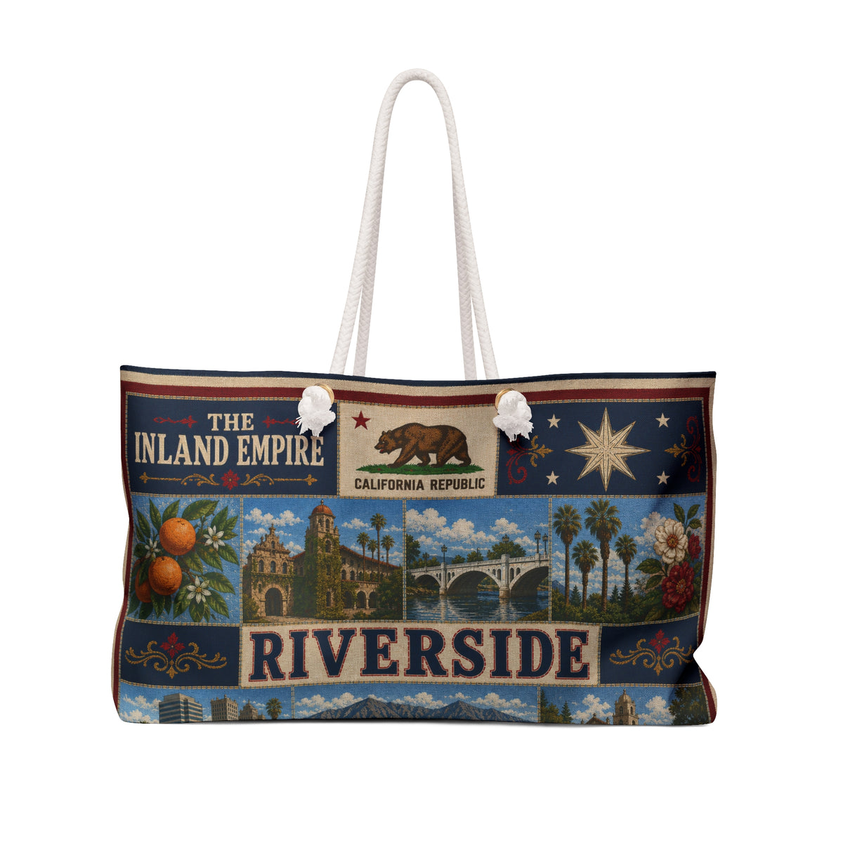 Riverside California Weekender Bag Inland Empire Faux Patchwork Travel Tote Vintage City Heritage Weekend Gift