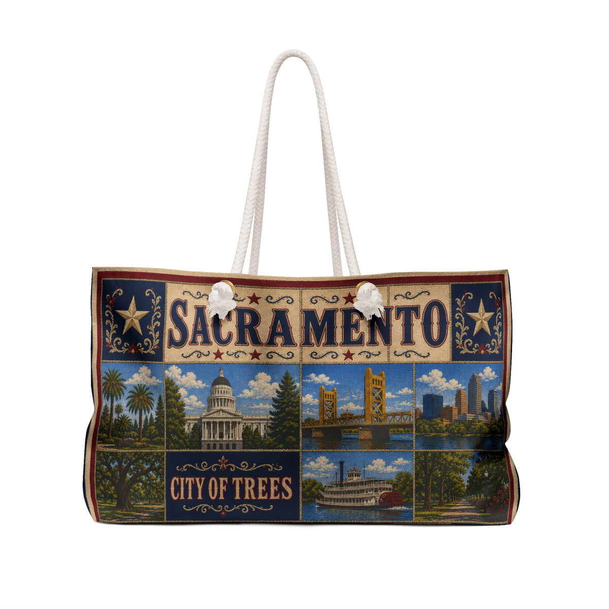 Sacramento California Weekender Bag City of Trees Faux Patchwork Travel Tote Vintage Capital City Getaway Gift