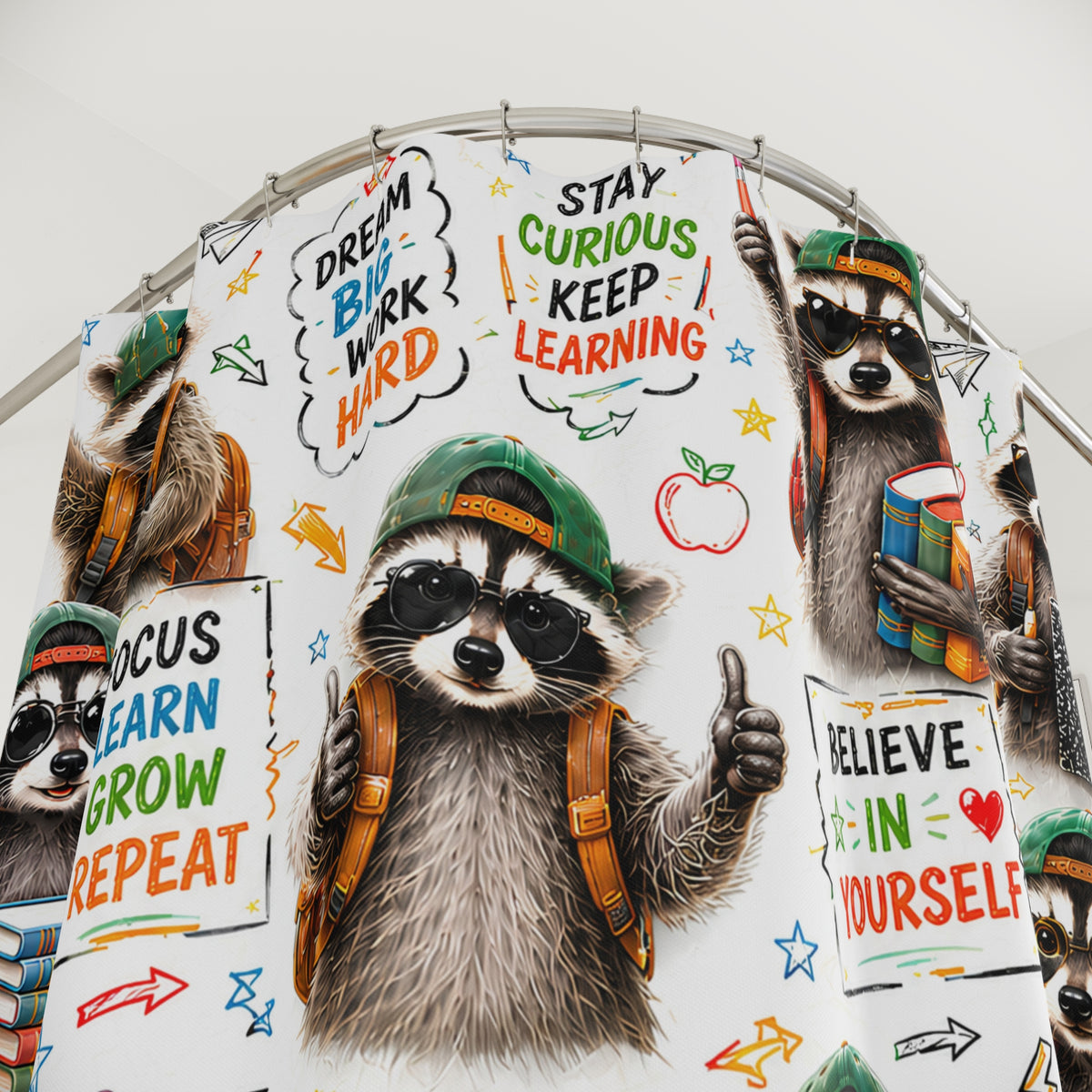 Back to School Raccoon Shower Curtain Dream Big Stay Curious Cute Student Classroom Motivational School Bathroom Decor