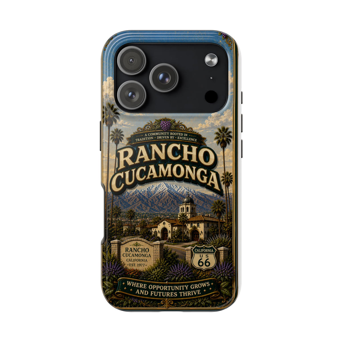 Rancho Cucamonga Where Opportunity Grows Faux Patchwork Phone Case – Route 66 Vintage Travel Art Cover
