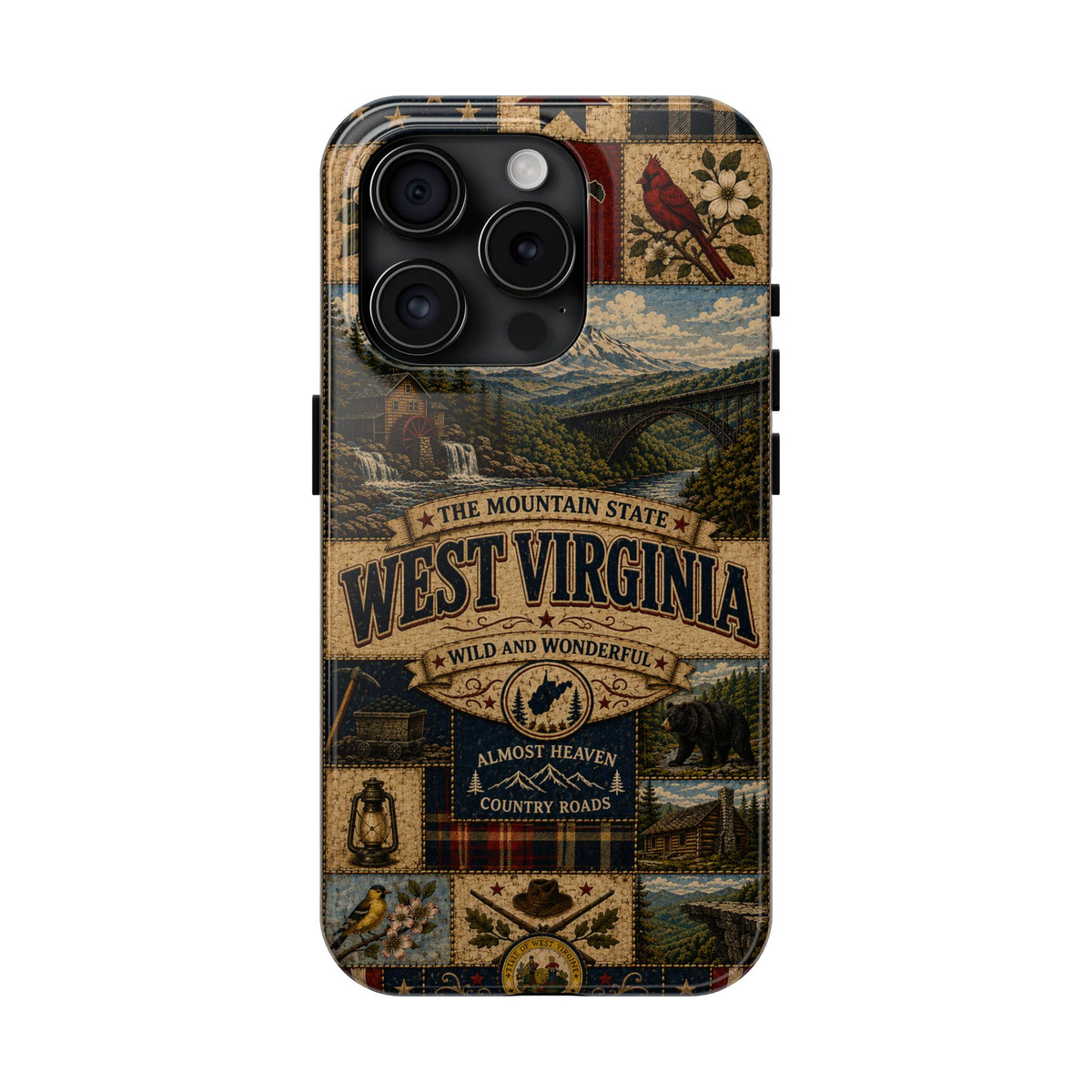 West Virginia Faux Patchwork Phone Case Mountain State Retro New River Gorge Bridge Wild and Wonderful Cover