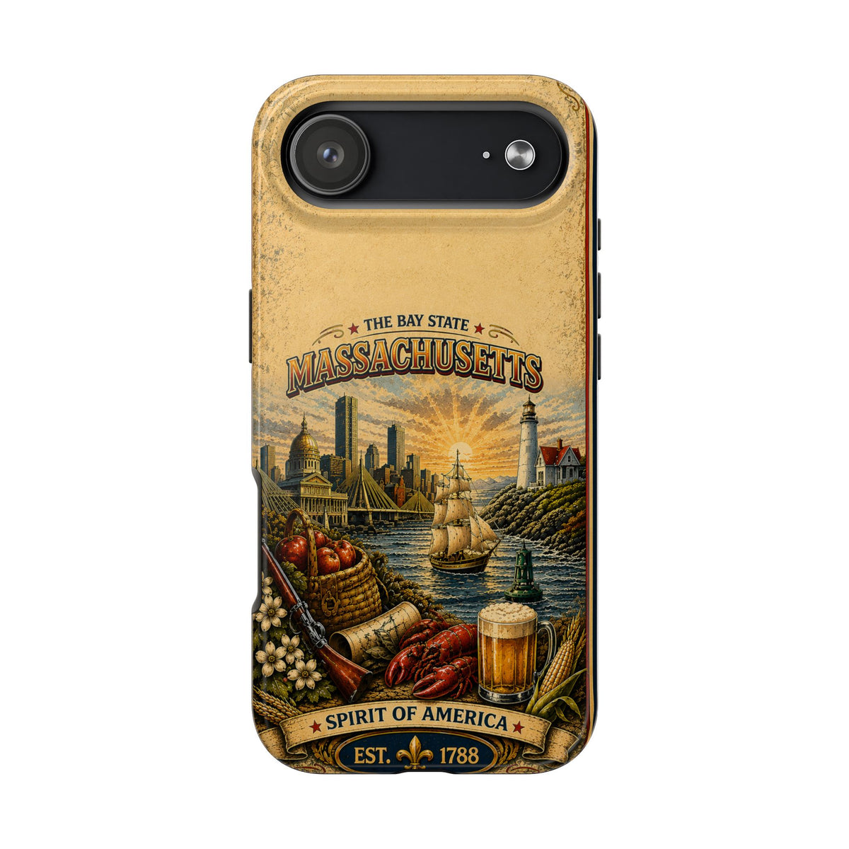 Massachusetts Bay State Faux Patchwork Phone Case – Vintage Travel Poster Style New England Souvenir Cover for iPhone & Samsung