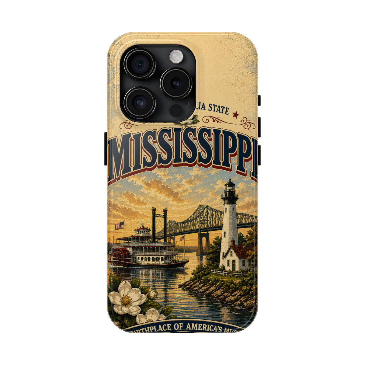 Mississippi Magnolia State Faux Patchwork Phone Case – Vintage Travel Poster Riverboat Lighthouse Design for iPhone & Samsung