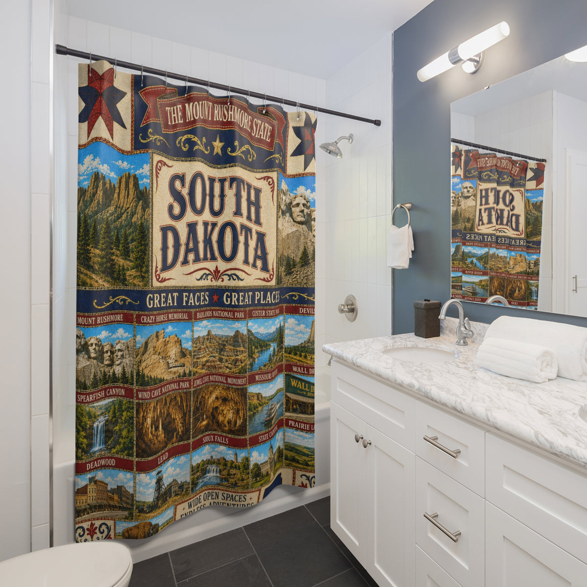 South Dakota Shower Curtain Great Faces Great Places Faux Patchwork Mount Rushmore Scenic Landmarks Rustic Bathroom Decor