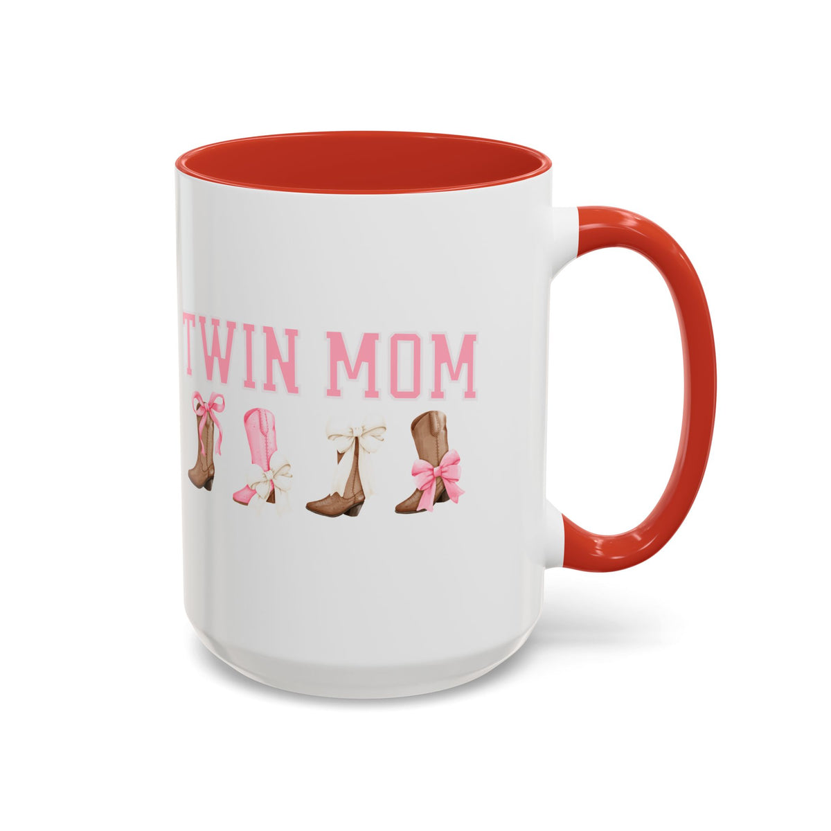 Twin Mom Letters Coffee Mug with Cowboy Boots and Bow – 11oz & 15oz Accent Mug – Cute Western Gift for Twin Moms
