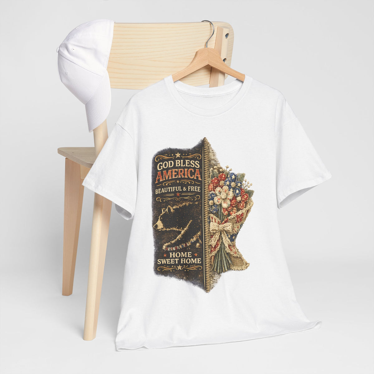 God Bless America T-Shirt — Patriotic "Home Sweet Home" Floral Design