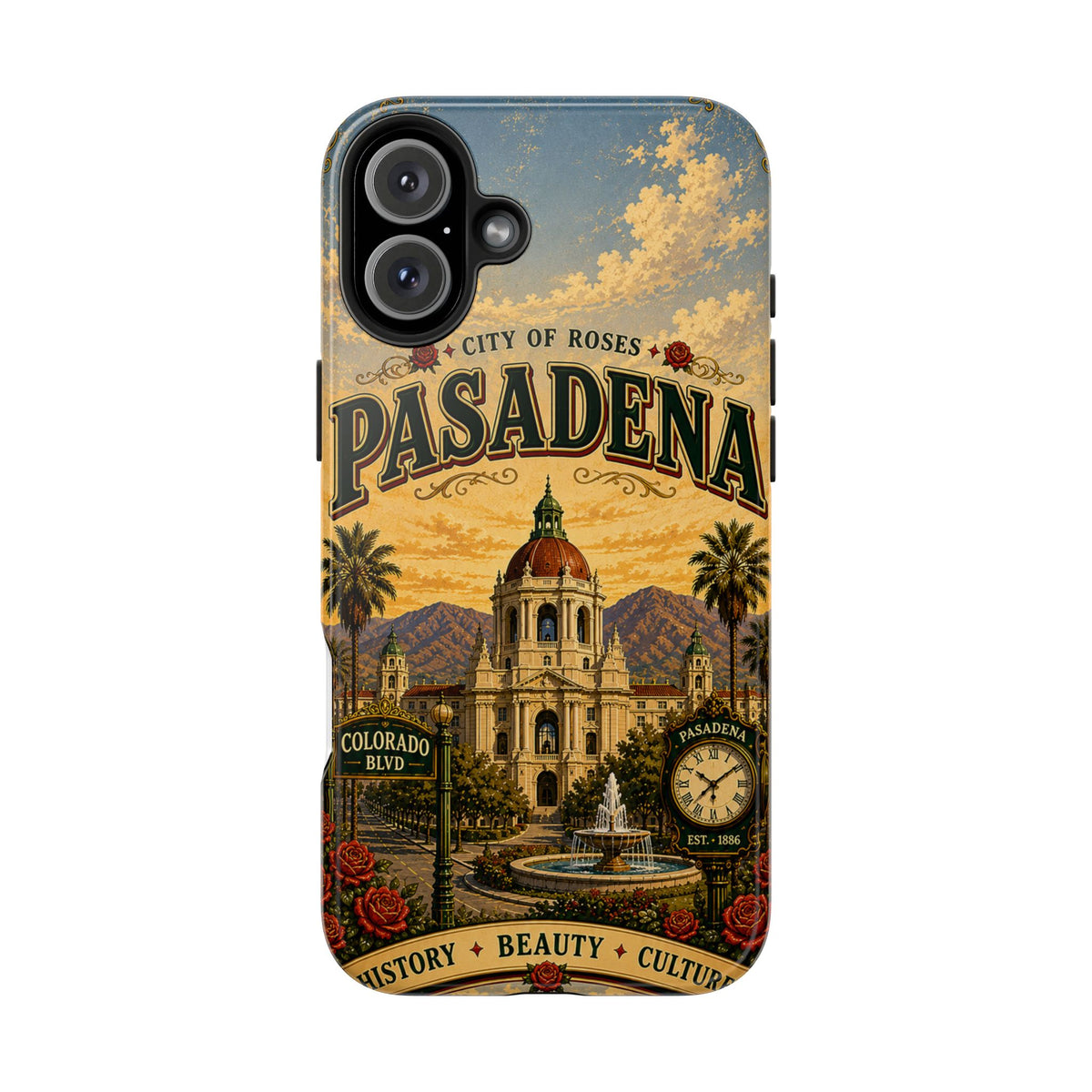 Pasadena City of Roses Faux Patchwork Phone Case – Vintage California Landmark Travel Art Cover