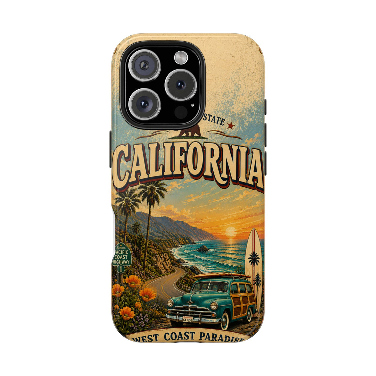 California Golden State Faux Patchwork Phone Case Vintage Travel Poster Retro State Pride Cover