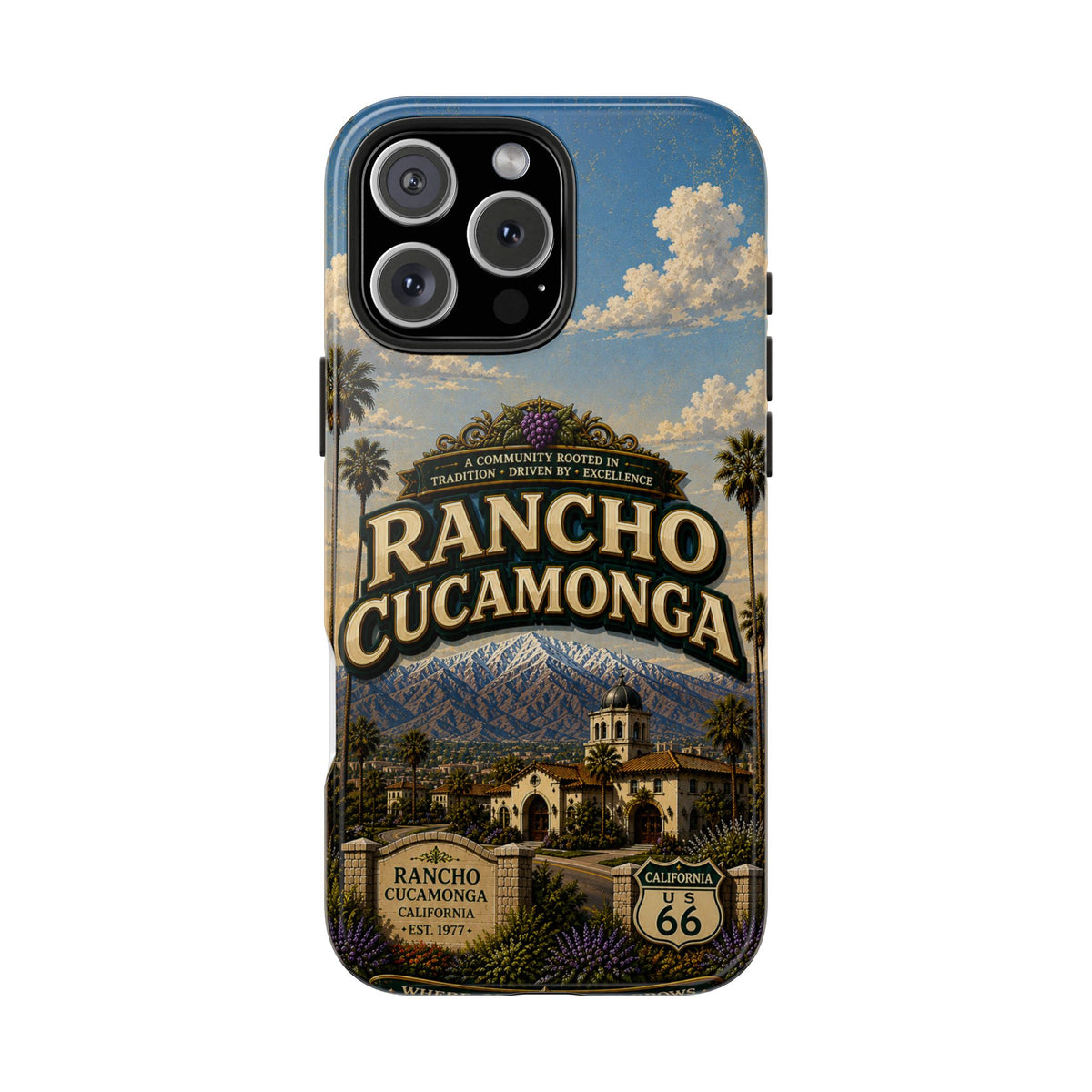 Rancho Cucamonga Where Opportunity Grows Faux Patchwork Phone Case – Route 66 Vintage Travel Art Cover