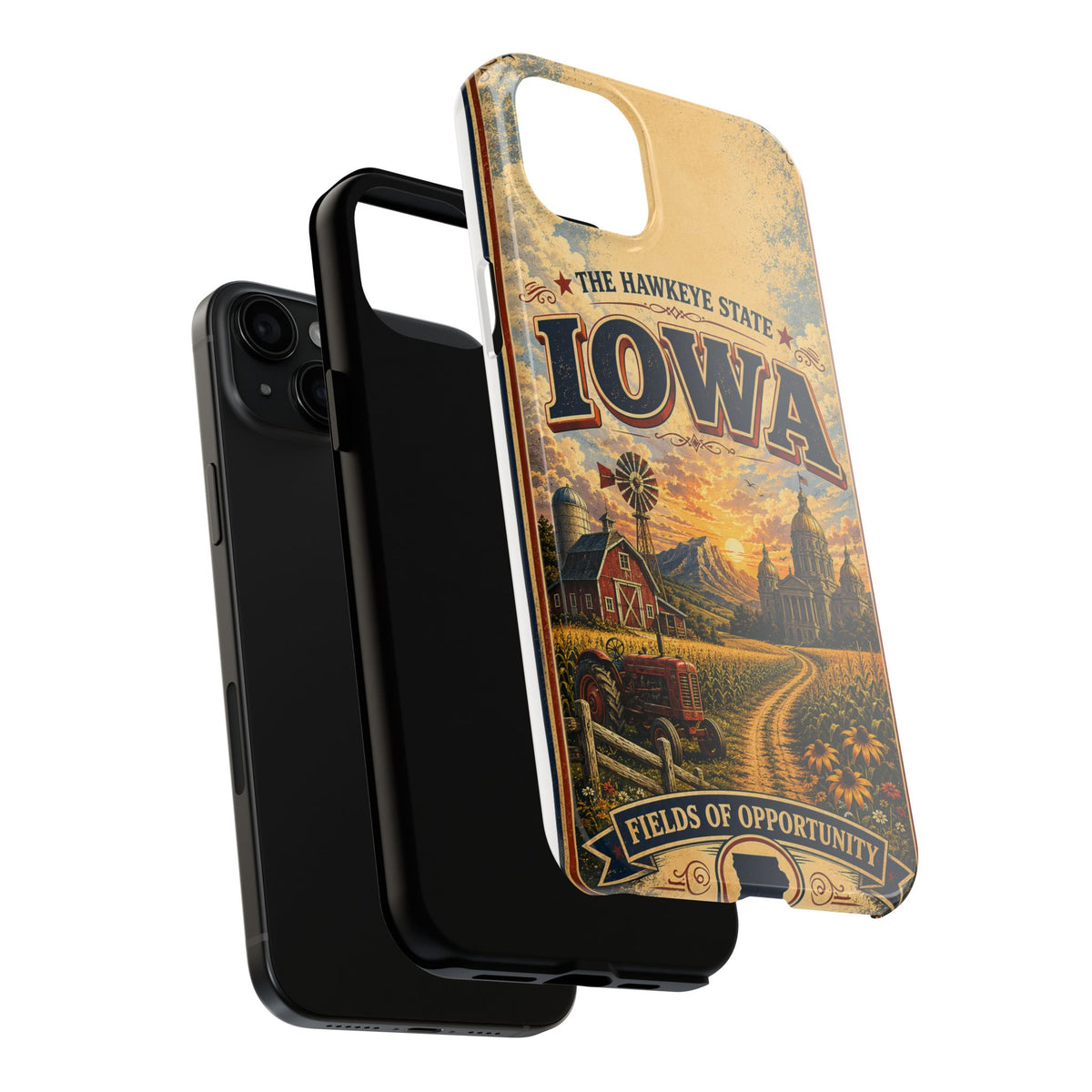 Iowa Hawkeye State Faux Patchwork Phone Case – Vintage Travel Poster Style Iowa Souvenir Cover for iPhone & Samsung