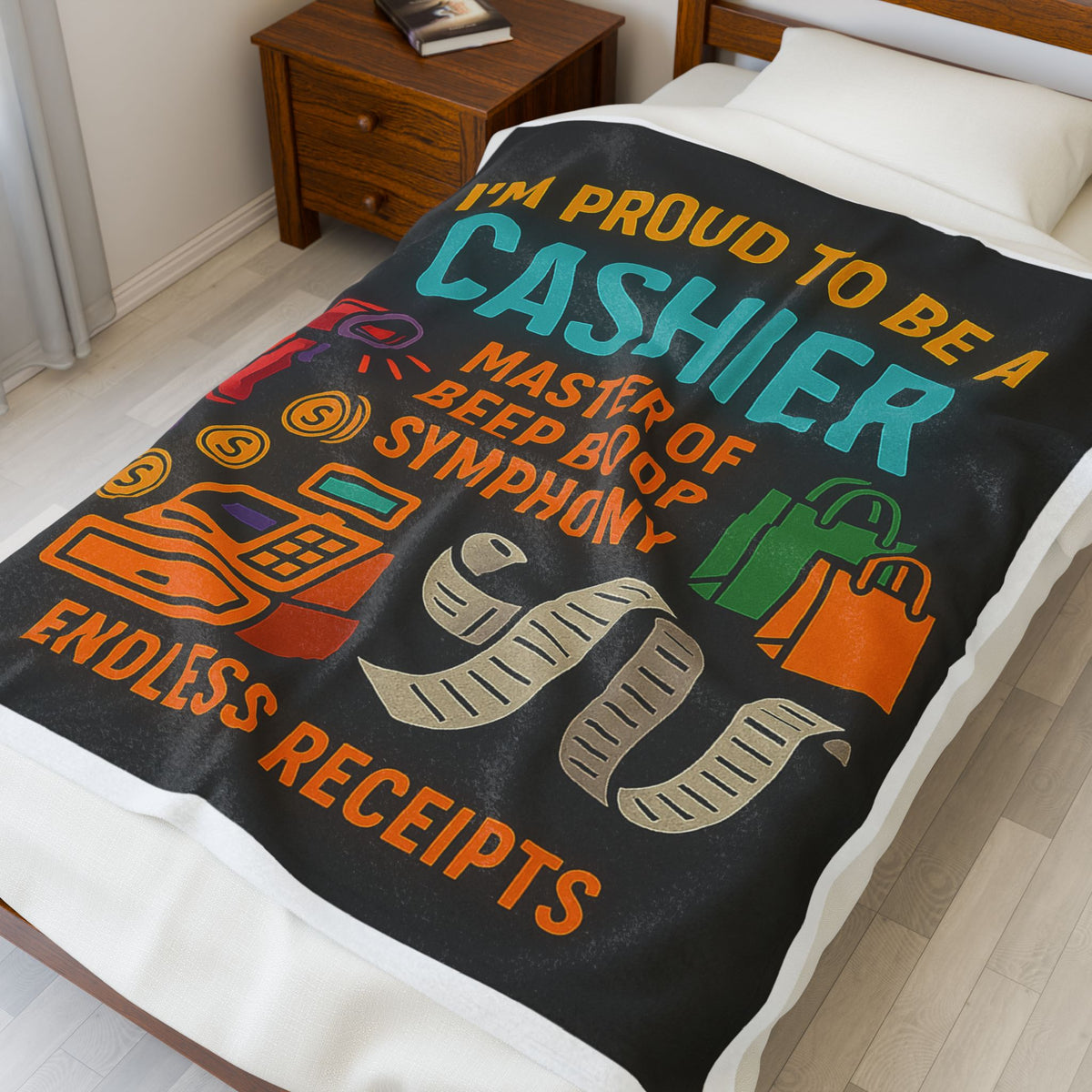 Cashier Velveteen Blanket – Funny Beep Boop Symphony & Receipts Cozy Throw