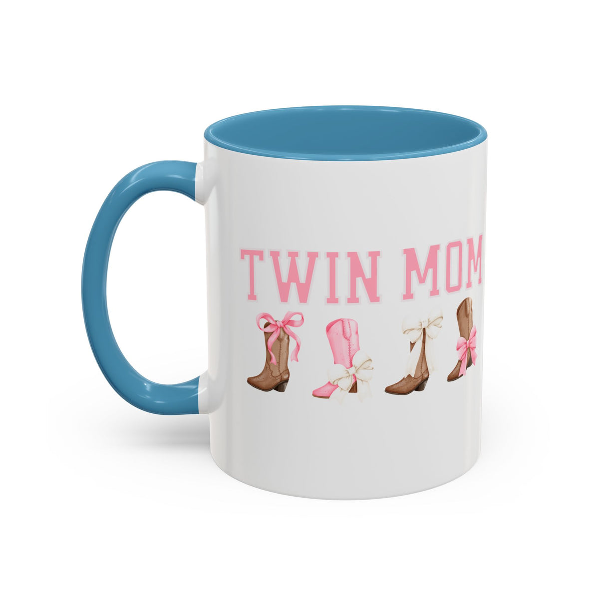 Twin Mom Letters Coffee Mug with Cowboy Boots and Bow – 11oz & 15oz Accent Mug – Cute Western Gift for Twin Moms