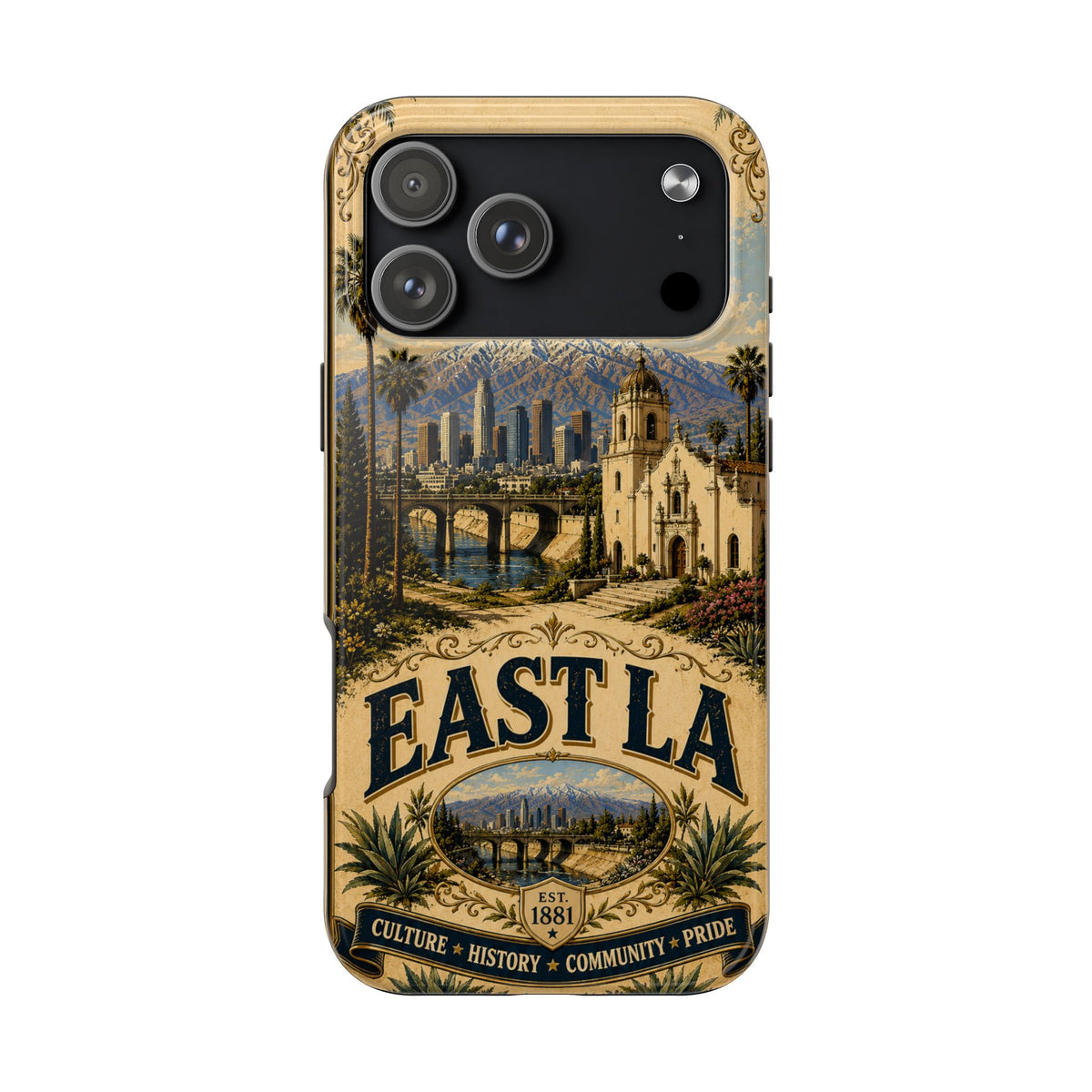 East LA Faux Patchwork Phone Case – Cultural Heritage Skyline & Mission Landmark Retro Cover for iPhone 17 Samsung S26