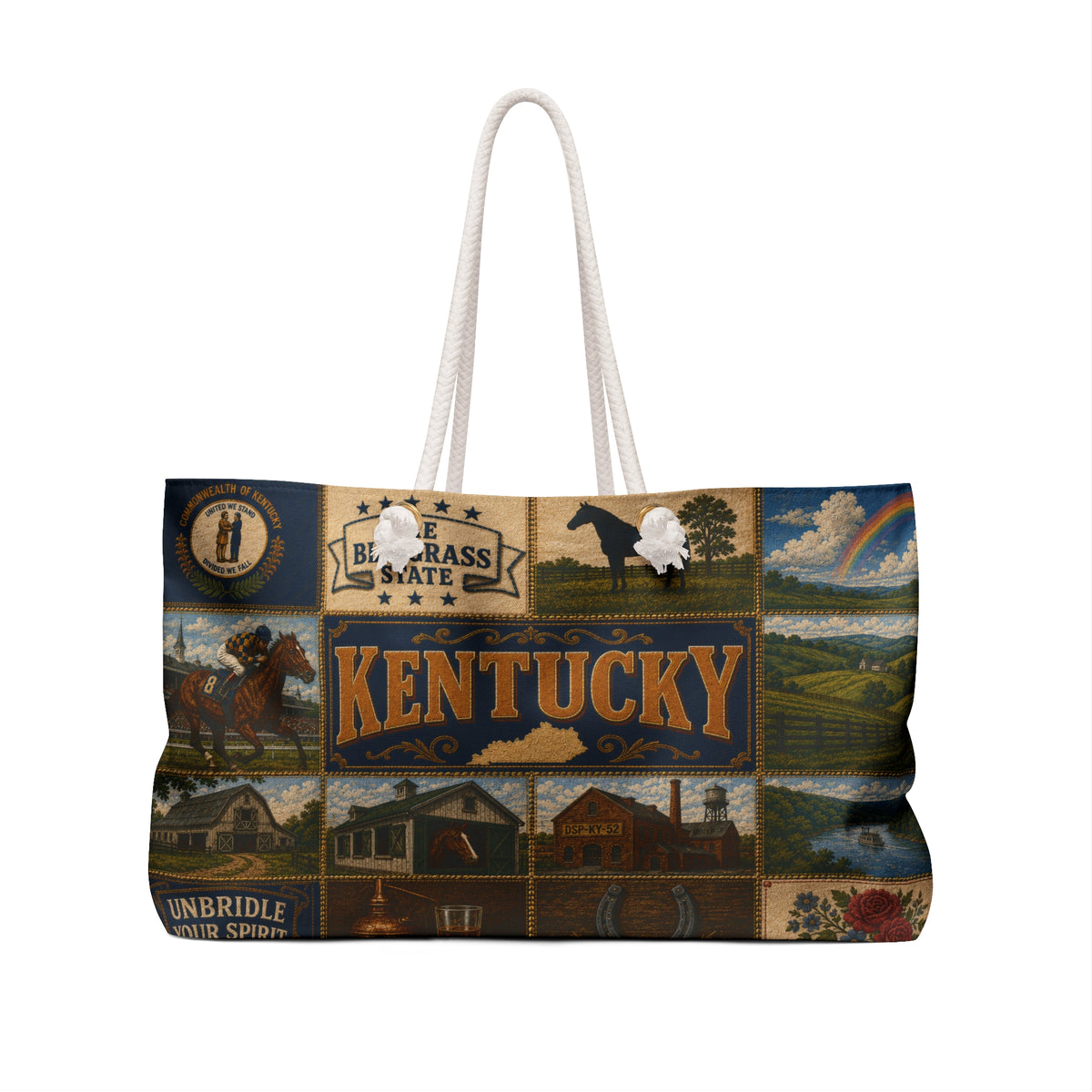 Kentucky Patchwork Weekender Bag — Vintage Horse & Bourbon Travel Tote