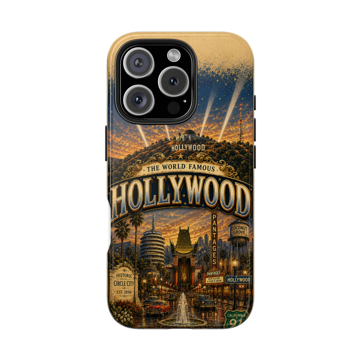Hollywood Faux Patchwork Phone Case – Vintage Night Lights Retro Cinema Street Scene Old Hollywood Glam Cover