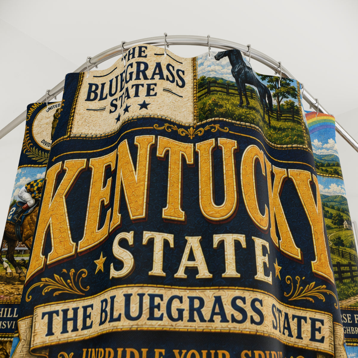 Kentucky Shower Curtain, Bluegrass State Decor, Horse Country Faux Patchwork, Rustic Kentucky Bathroom Decor