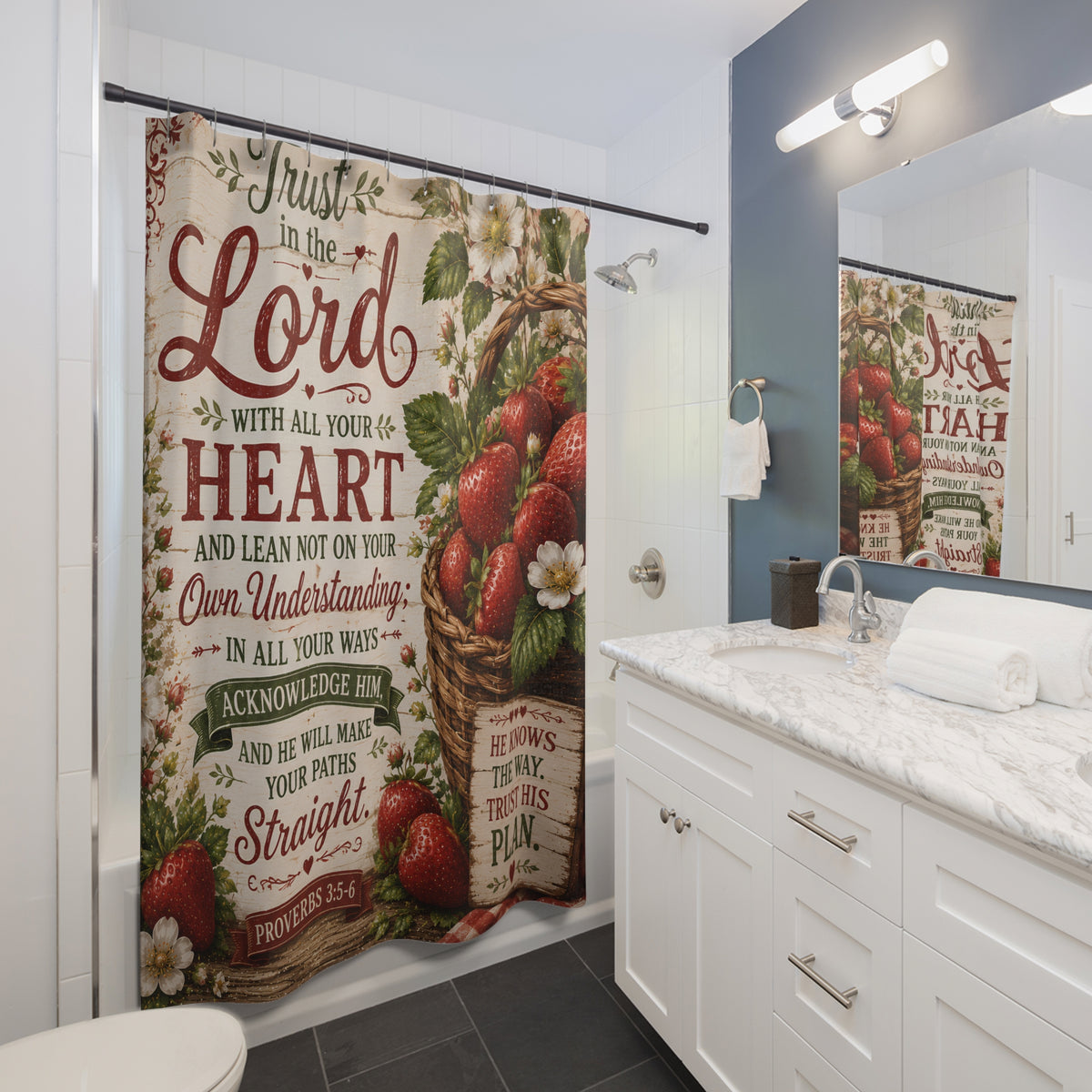 Strawberry Christian Shower Curtain Trust in the Lord Proverbs 3 5 6 Farmhouse Faith Bathroom Decor