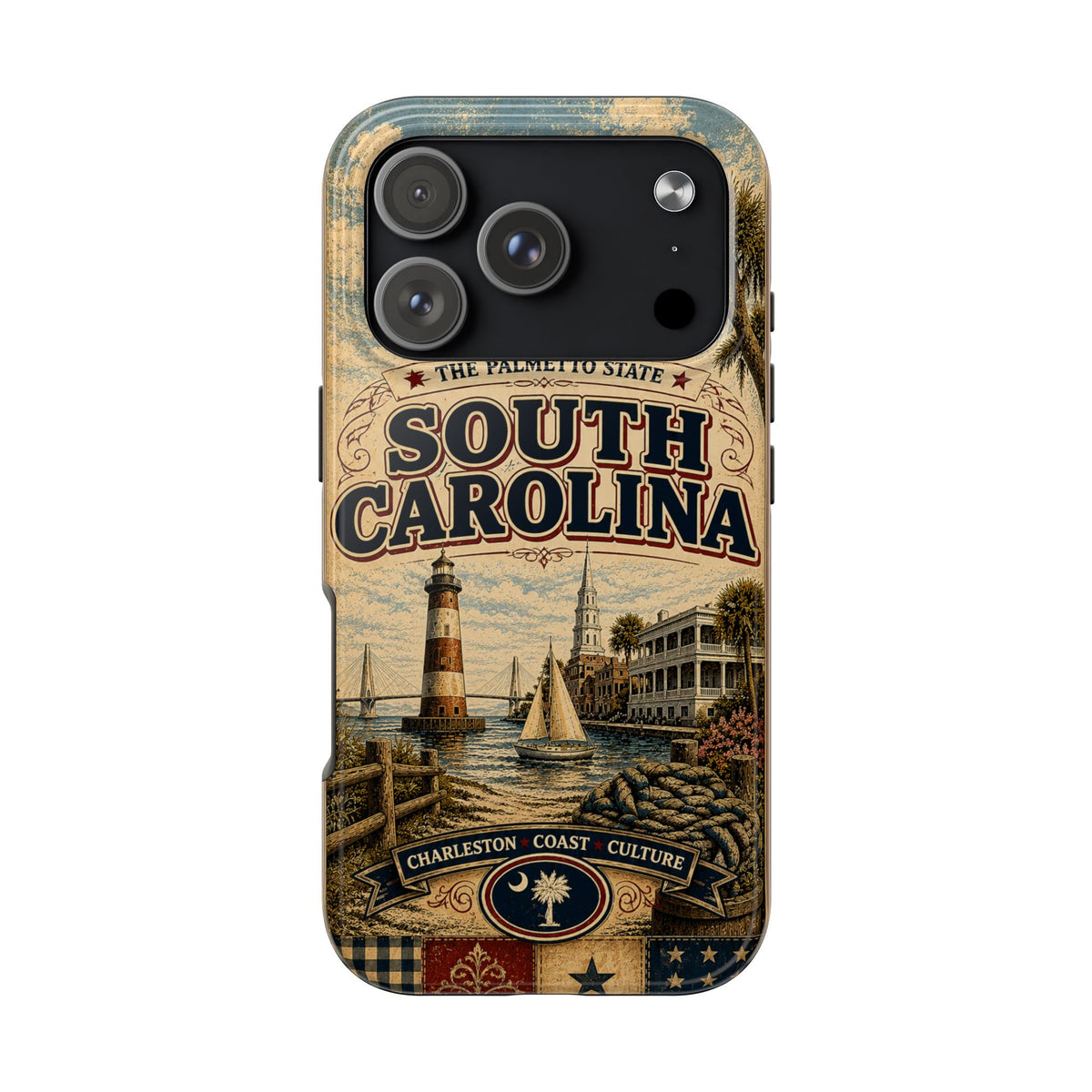 South Carolina Faux Patchwork Phone Case Palmetto State Retro Charleston Coastal Lighthouse State Pride Cover