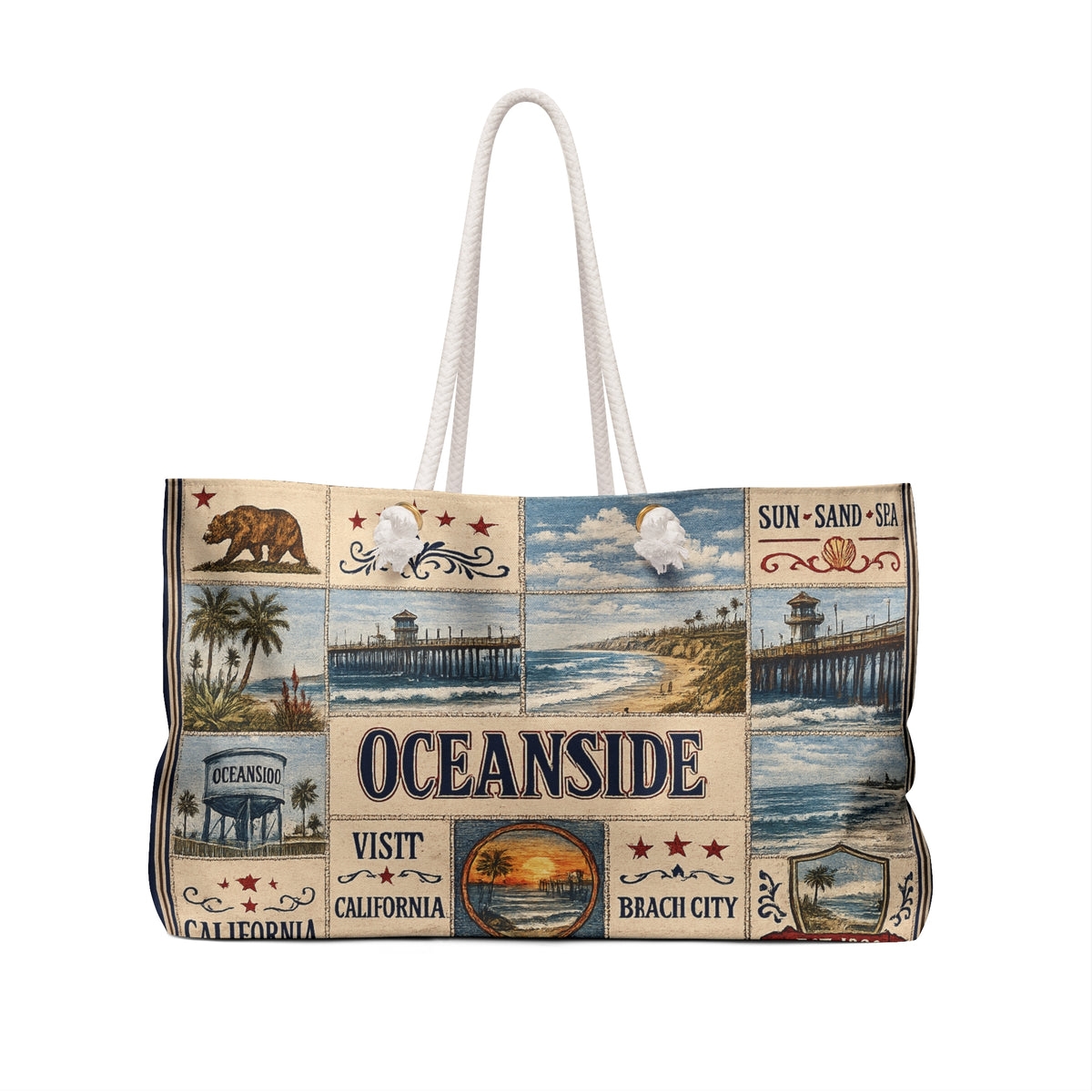 Oceanside California Weekender Bag Coastal Escape Faux Patchwork Travel Tote Beach Lover Weekend Getaway Gift