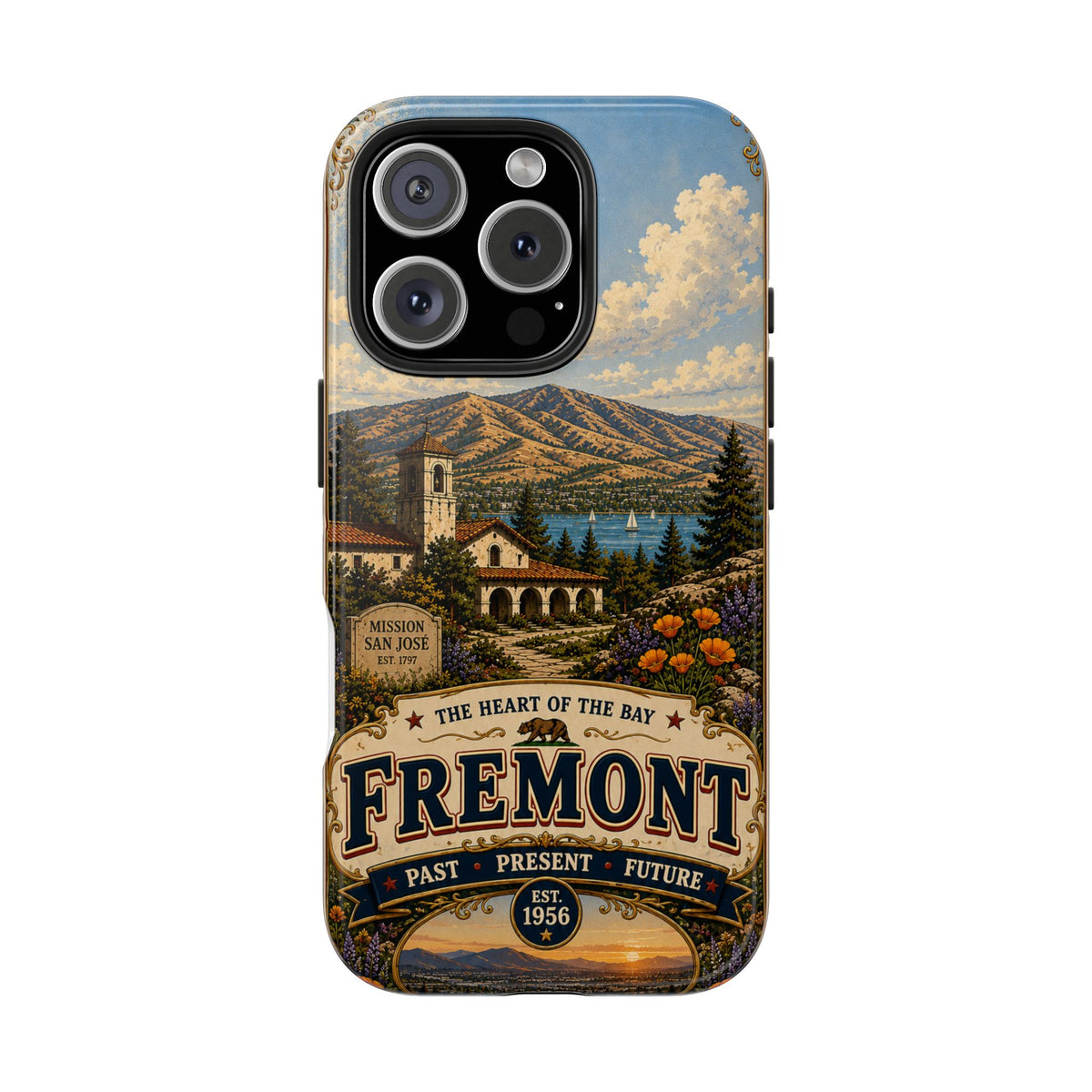 Fremont California Faux Patchwork Phone Case – Heart of the Bay Retro Travel Art, Mission San José Landmark Cover