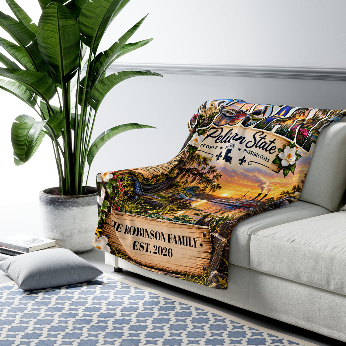 Louisiana Personalized Sherpa Fleece Blanket, Pelican State Cajun Bayou New Orleans Custom Family Name
