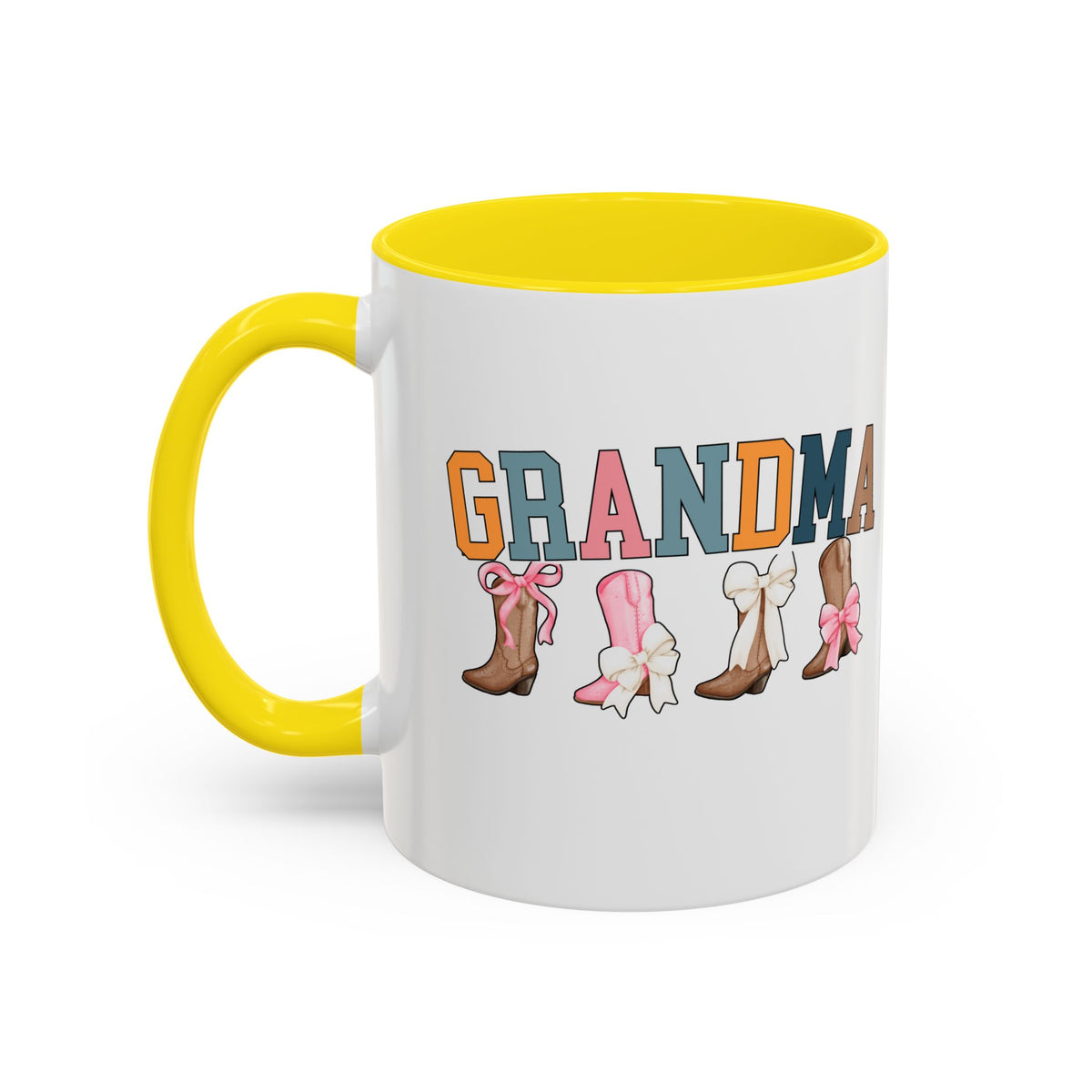 Grandma Letters Coffee Mug in Retro Colors with Cowboy Boots and Bows – 11oz & 15oz Accent Mug – Cute Western Gift for Grandma