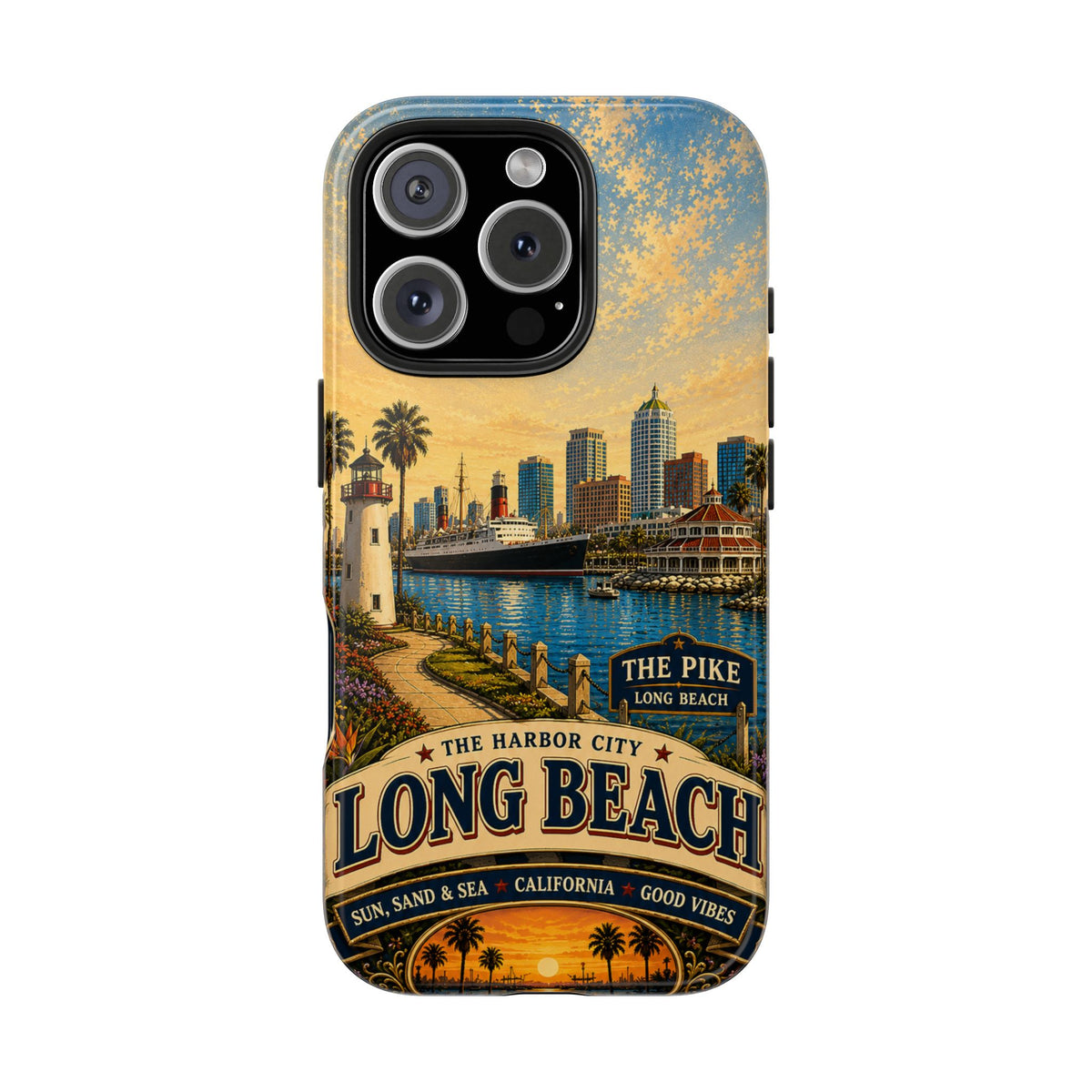Long Beach Faux Patchwork Phone Case – Harbor City Coastal Retro Art, California Sunset Waterfront Cover